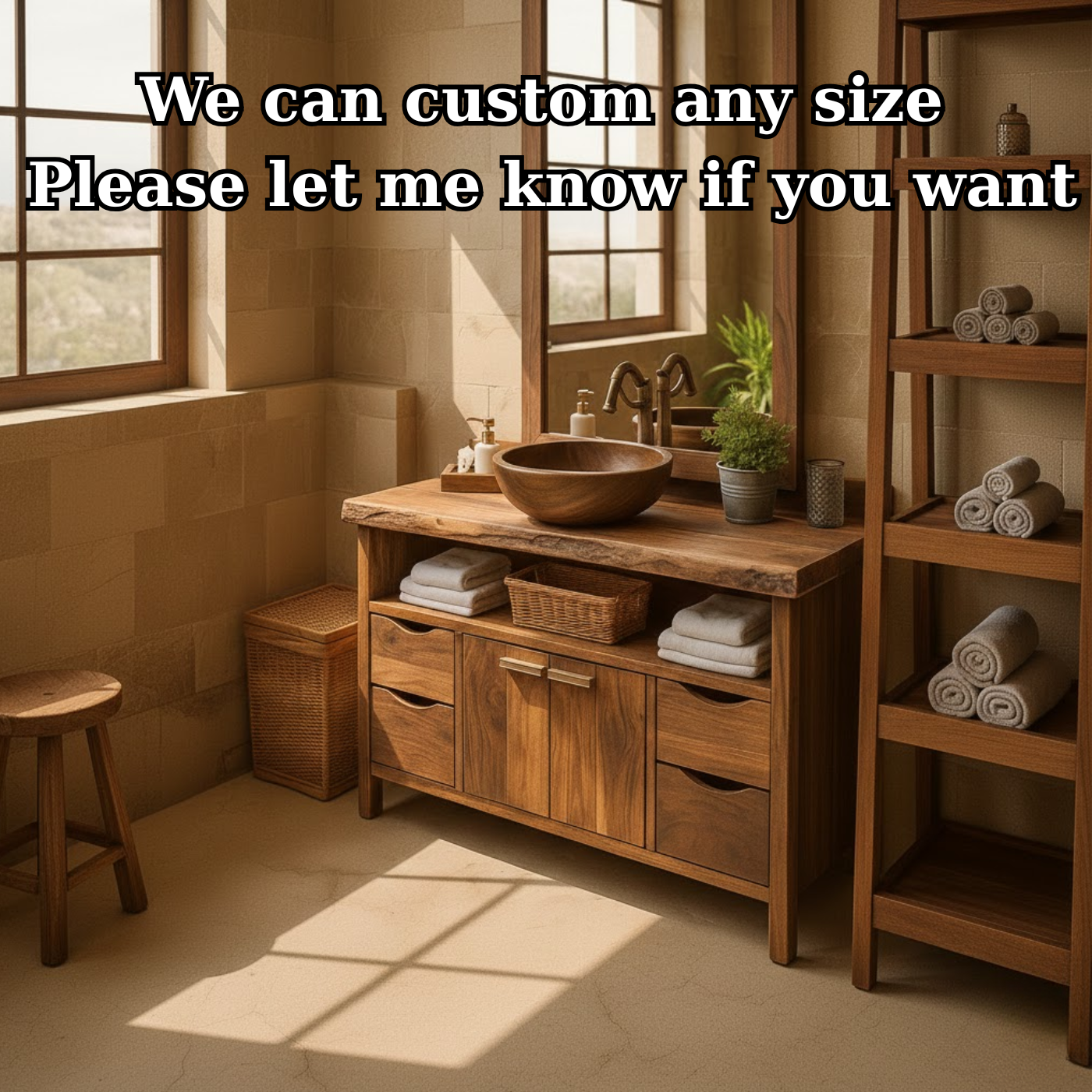Rustic Solid Wood Bathroom Vanity Cabinet with Multi-Drawer Storage and Open Shelf