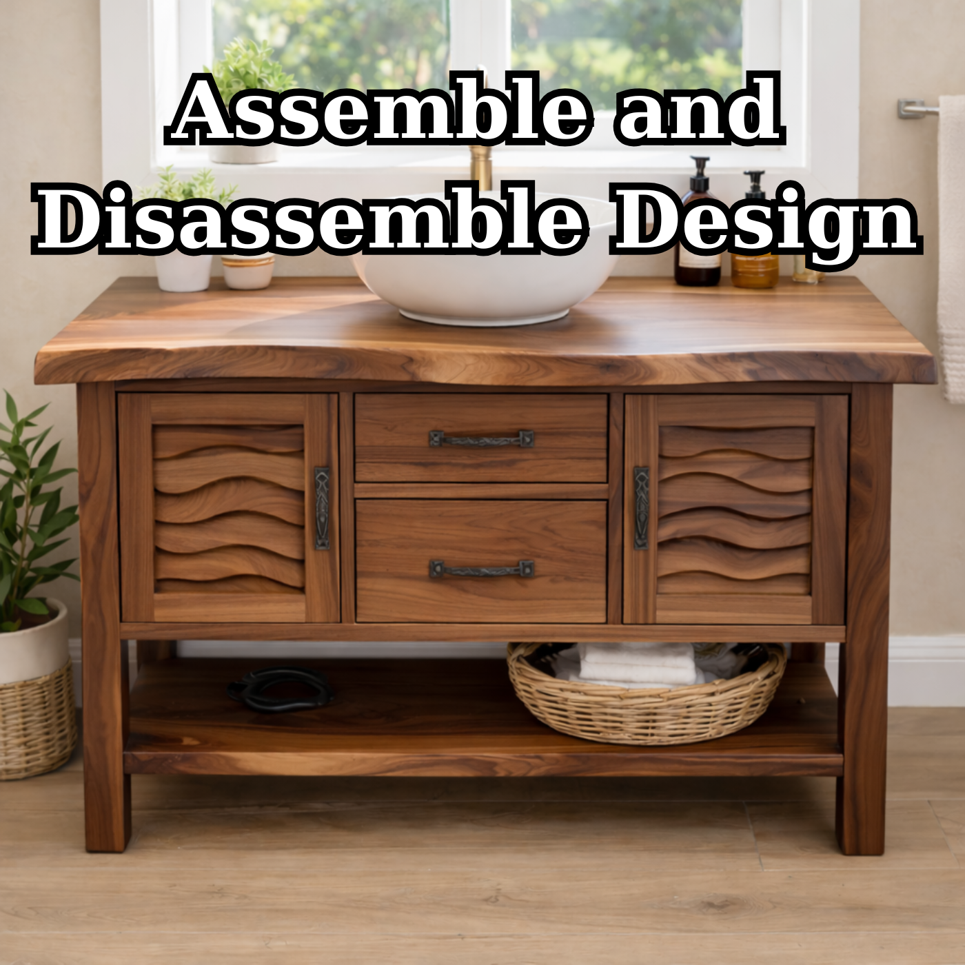 Solid Wood Bathroom Vanity with Sculpted Wave Doors and Open Shelf