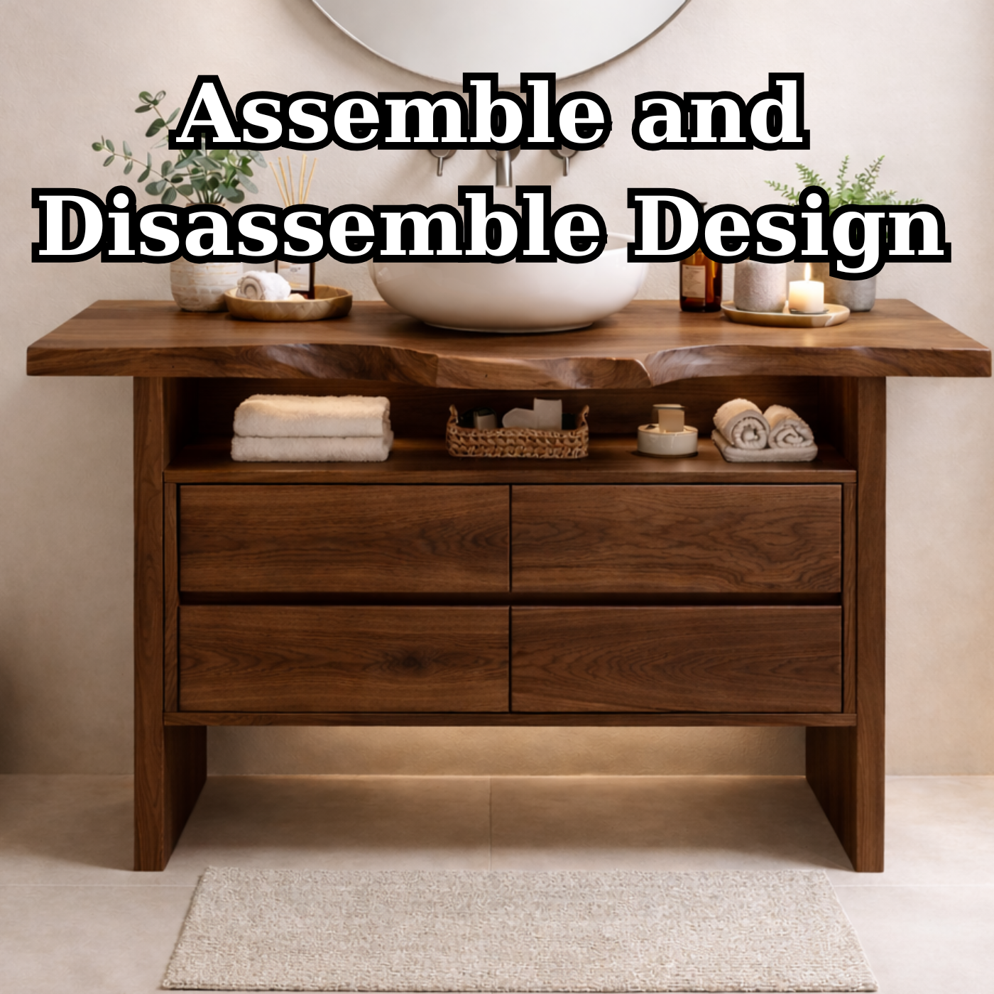 Solid Wood Bathroom Vanity with Open Shelf and Four Drawers