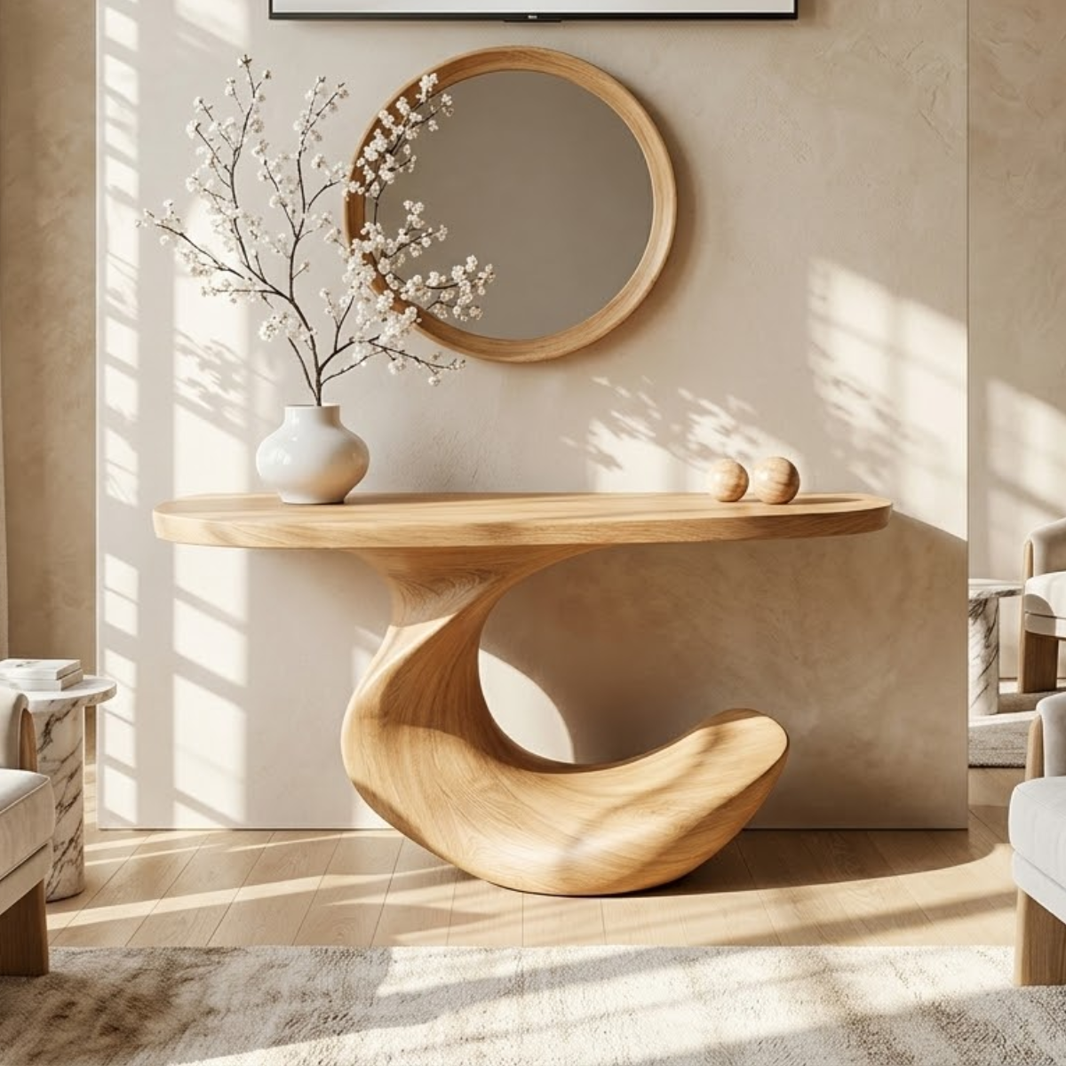 Solid Wood Console Table with Sculpted Curved Base, Modern Minimalist Design