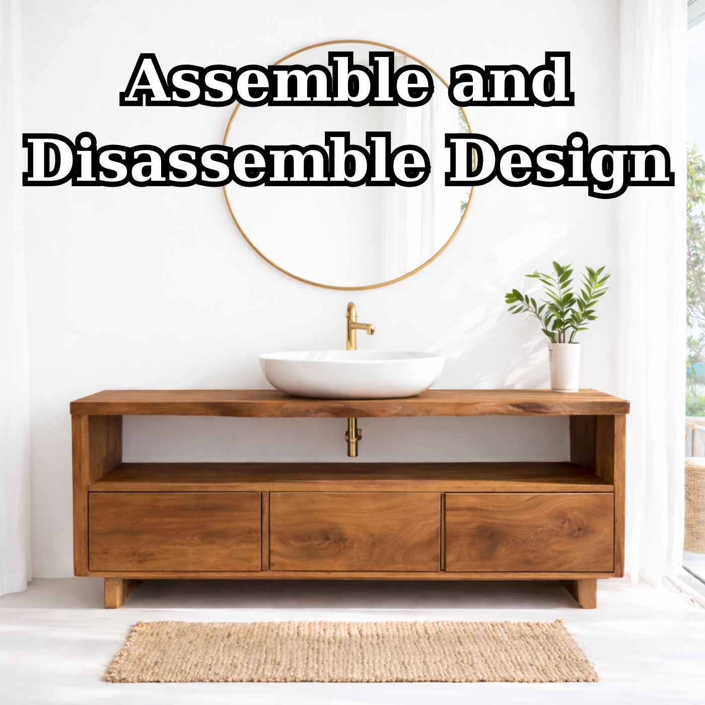 Solid Wood Bathroom Vanity with Open Shelf and Three Drawers – Rustic Freestanding Wood Vanity Cabinet