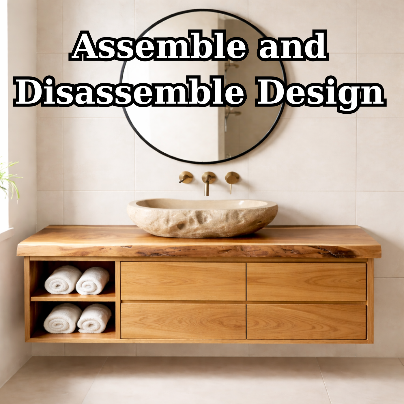Floating Solid Wood Bathroom Vanity with Live Edge Countertop, Drawers and Open Storage