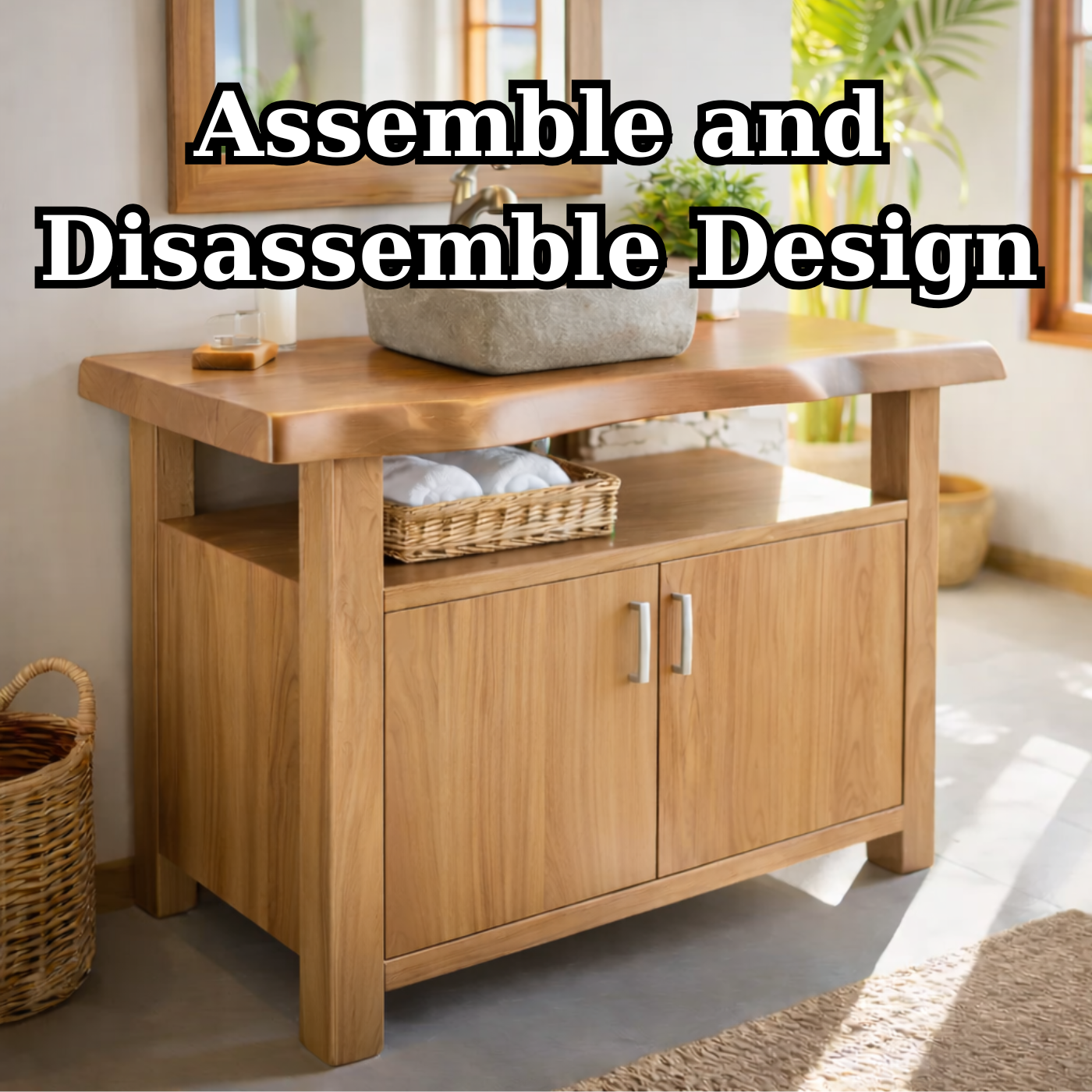 Solid Wood Bathroom Vanity Cabinet with Open Shelf Storage