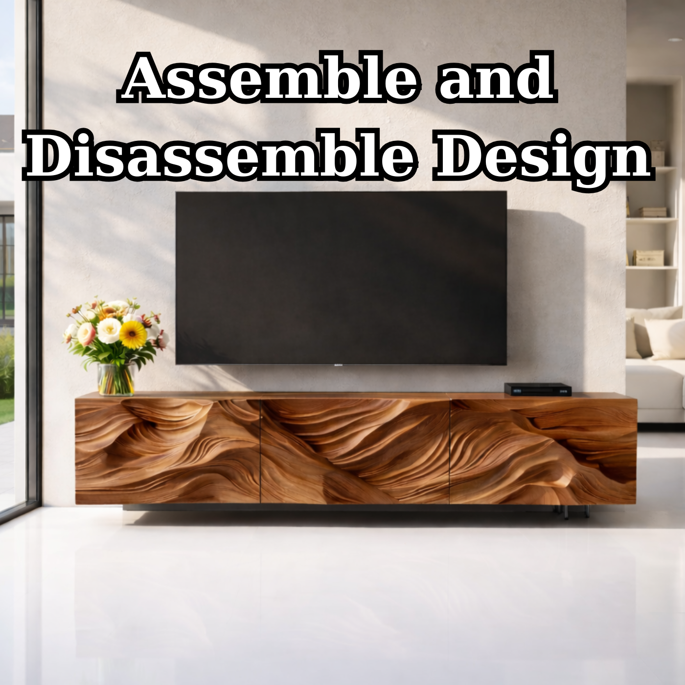 Modern Solid Wood TV Stand with Artistic Carved Front – Walnut Media Console Cabinet
