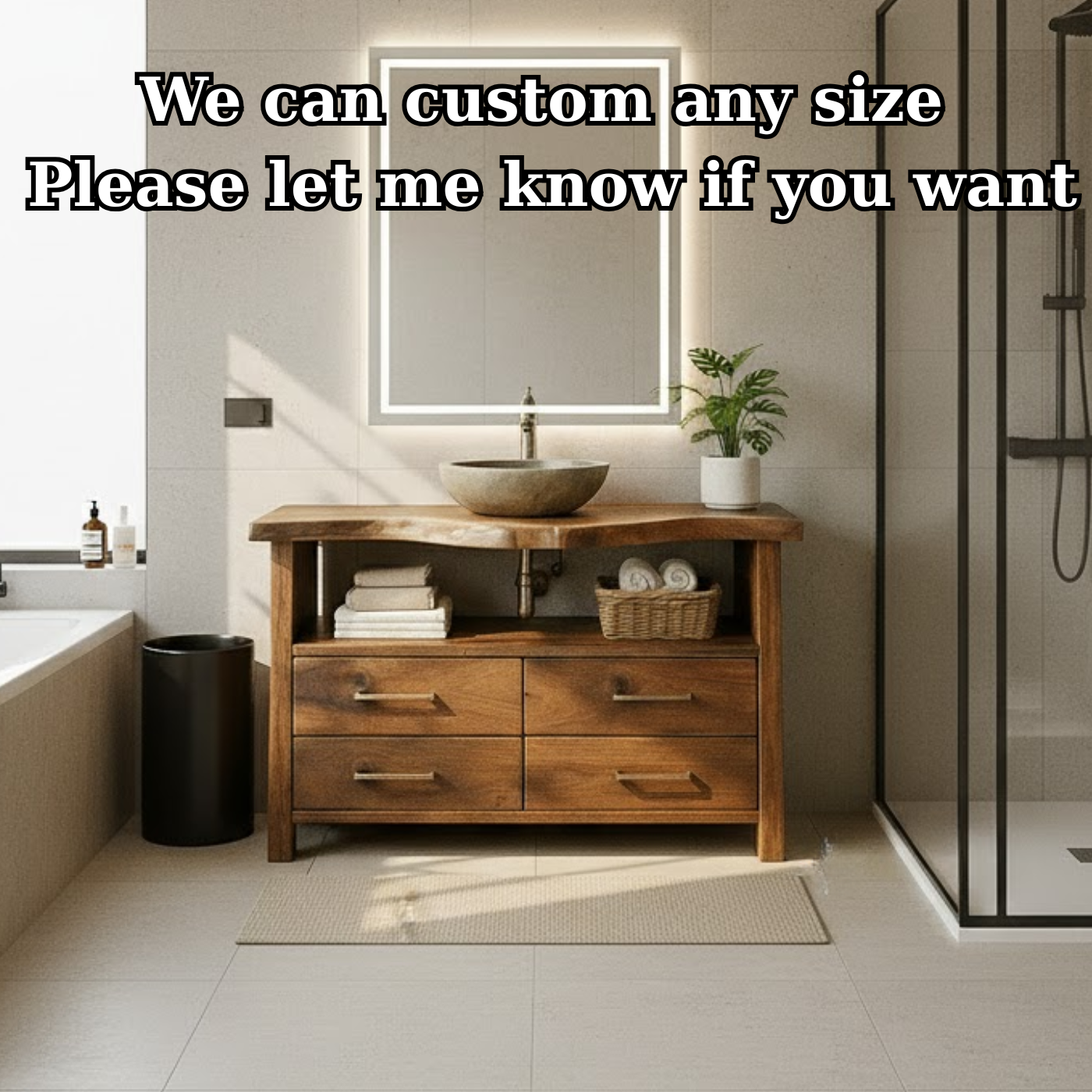 Live Edge Solid Wood Bathroom Vanity with 4 Drawers and Open Storage Shelf for Modern Rustic Interiors