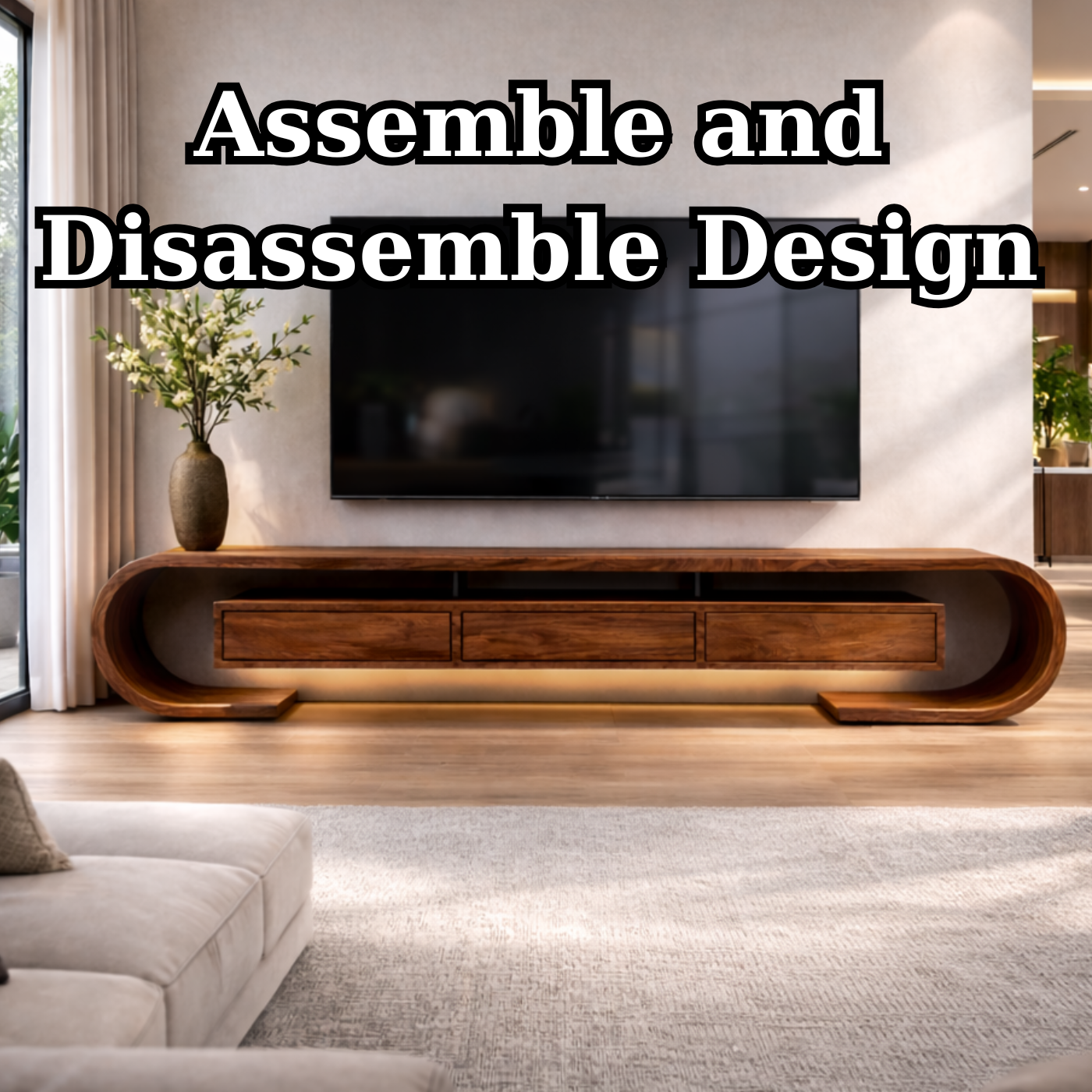 Modern Curved Solid Wood TV Stand – Walnut Floating Media Console with Drawers
