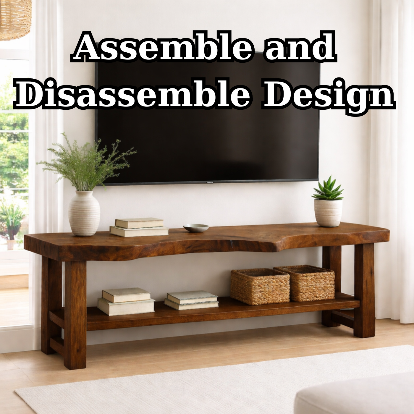 Live Edge Solid Wood TV Stand with Shelf – Rustic Walnut Media Console Table