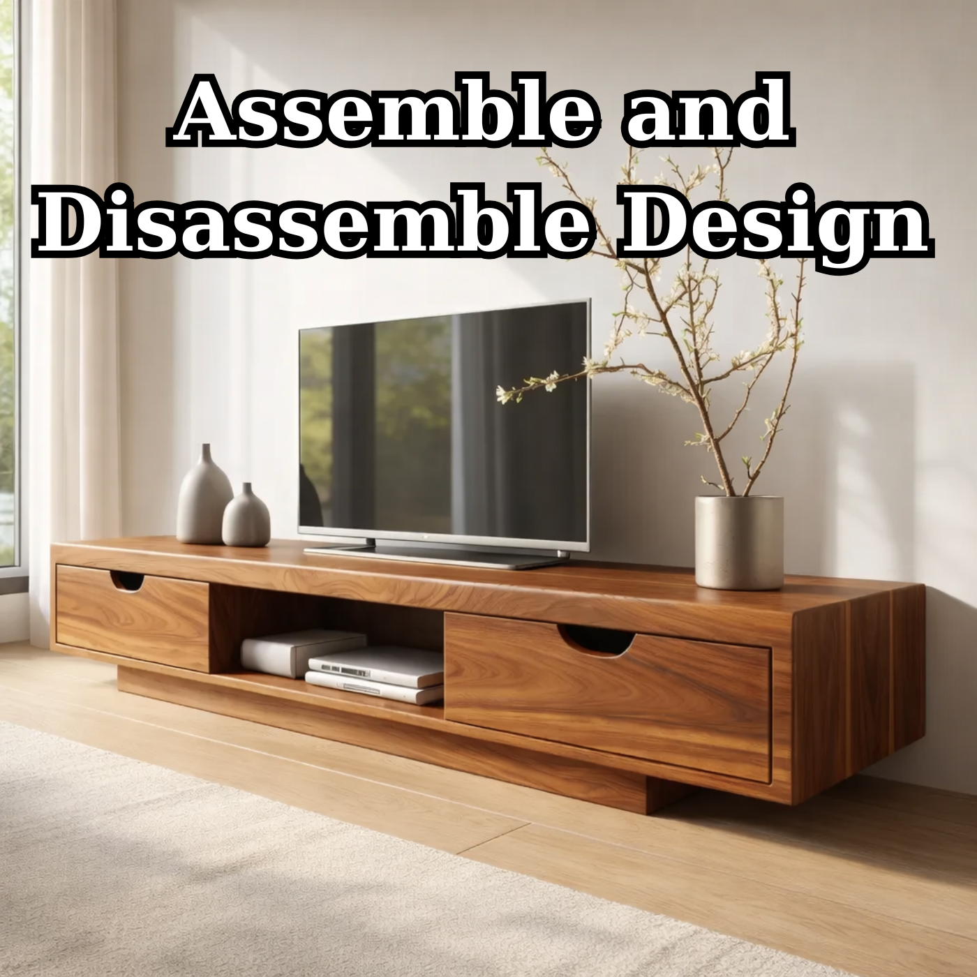 Walnut Wood TV Stand with Drawers – Modern Solid Wood Media Console Cabinet