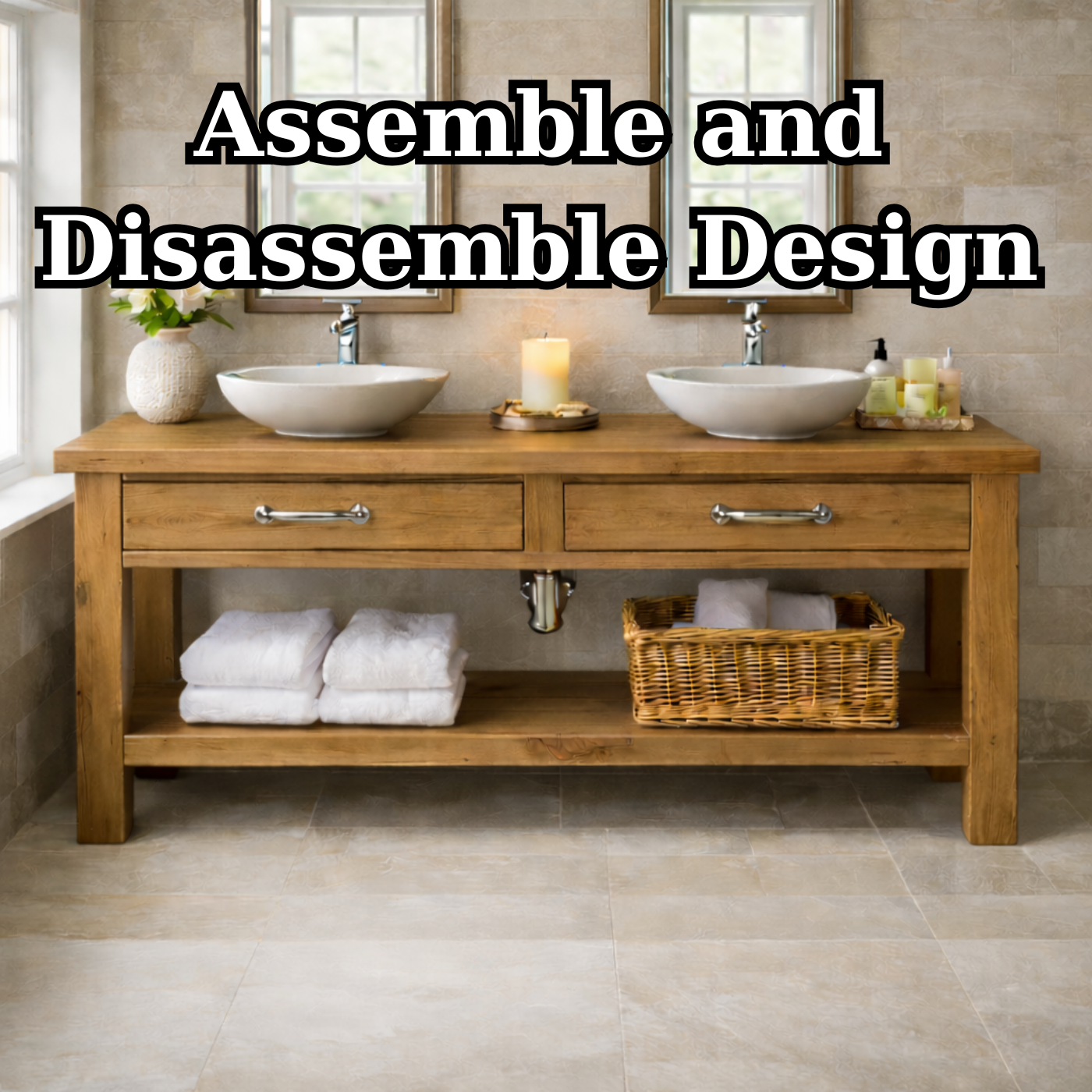 Solid Wood Double Bathroom Vanity with Drawers and Open Shelf Storage