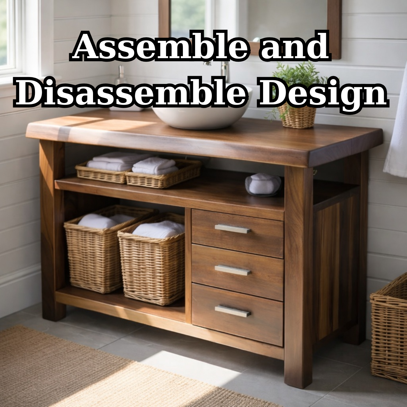 Handcraft Solid Wood Bathroom Vanity with Drawers and Open Shelf Storage