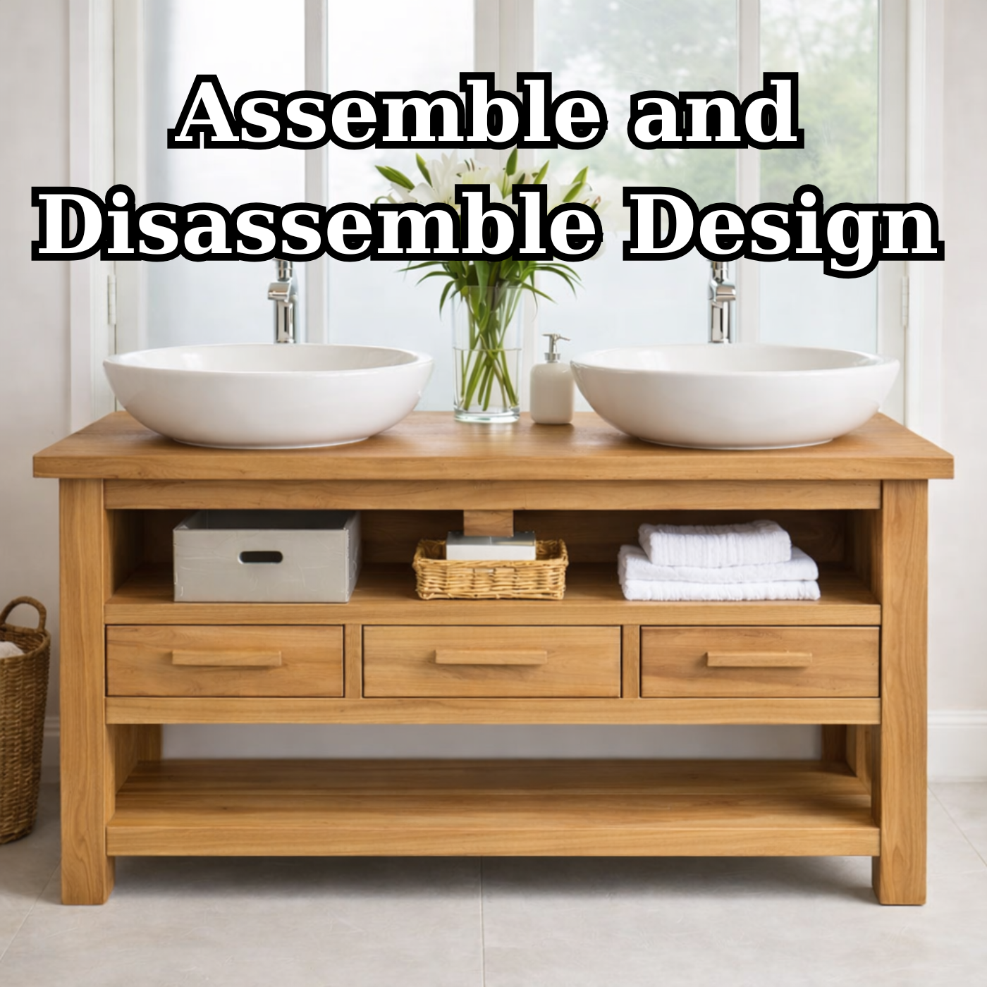 Solid Oak Double Bathroom Vanity with Storage for Spacious Bathrooms