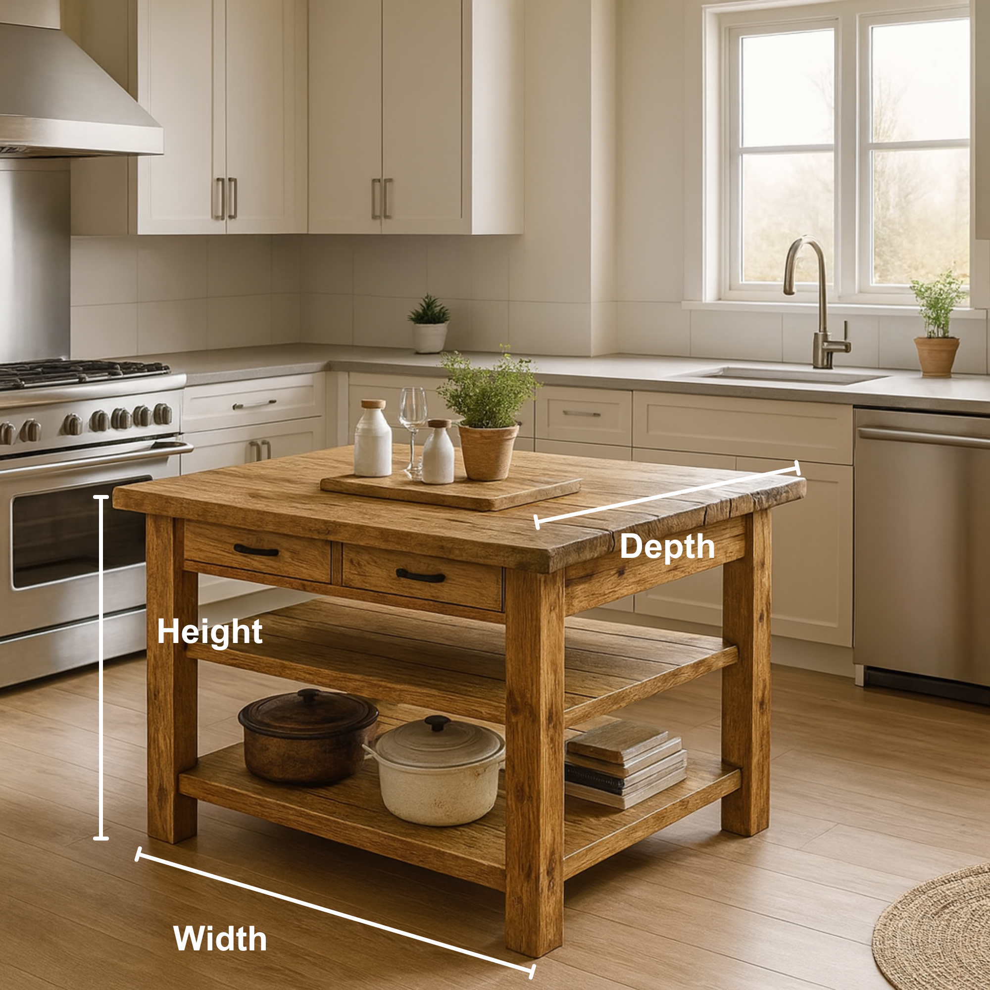 Live Edge Solid Wood Kitchen Island with Drawers - Rustic Farmhouse Butcher Block Prep Table