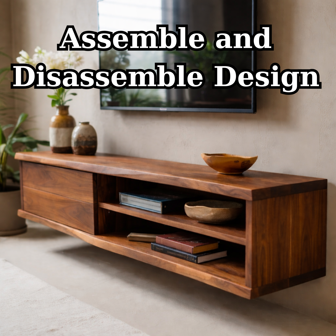 Floating Solid Wood TV Stand with Drawer and Open Shelves for Modern Living Rooms