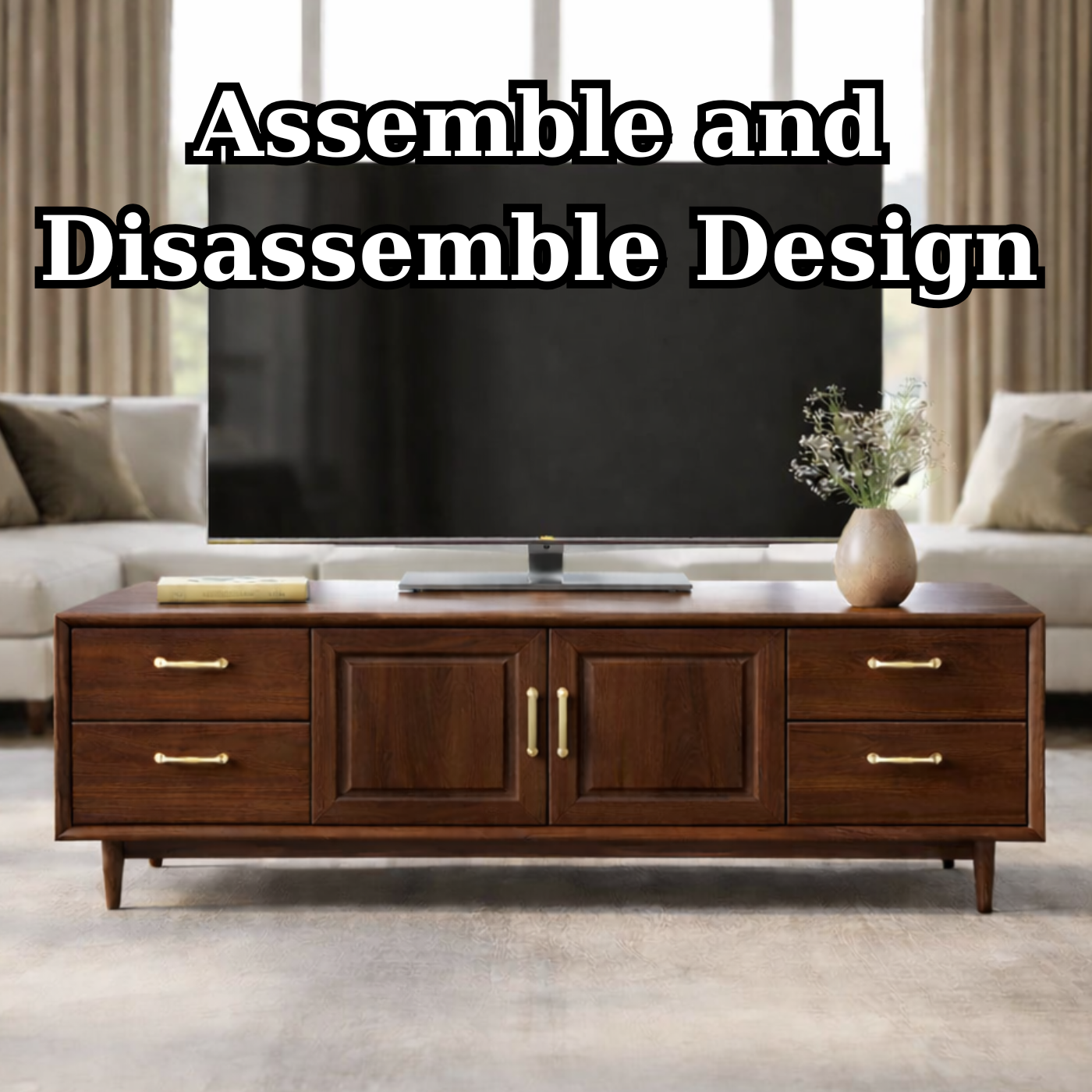 Mid-Century Solid Wood TV Stand with Drawers and Cabinet Storage