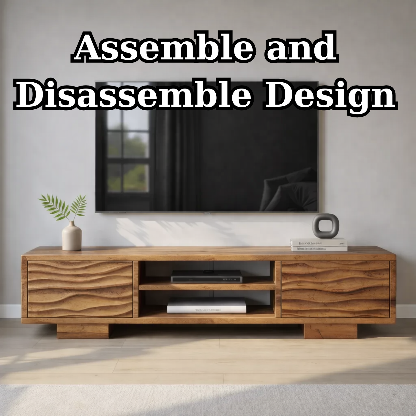 Modern Solid Wood TV Stand with Wave Front Drawers and Open Media Shelf