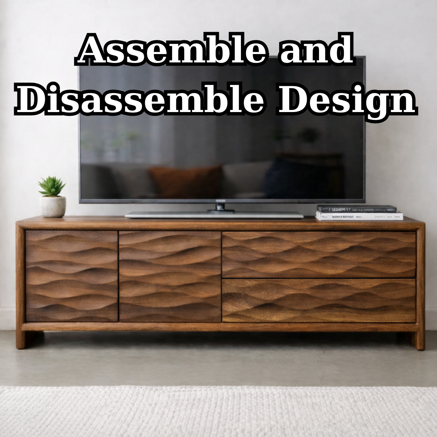 Modern Soild Wood TV Stand with Textured Wave Cabinet Doors and Storage Drawers