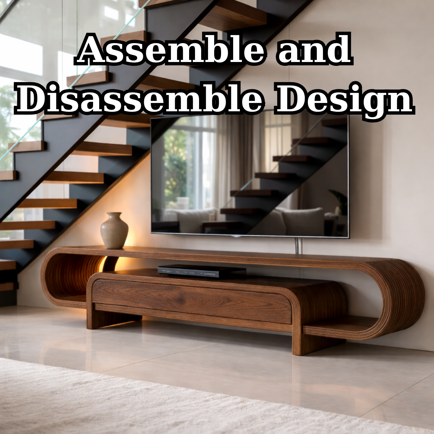 Curved Solid Wood TV Stand with Drawer and Shelf, Modern Walnut Media Console Table