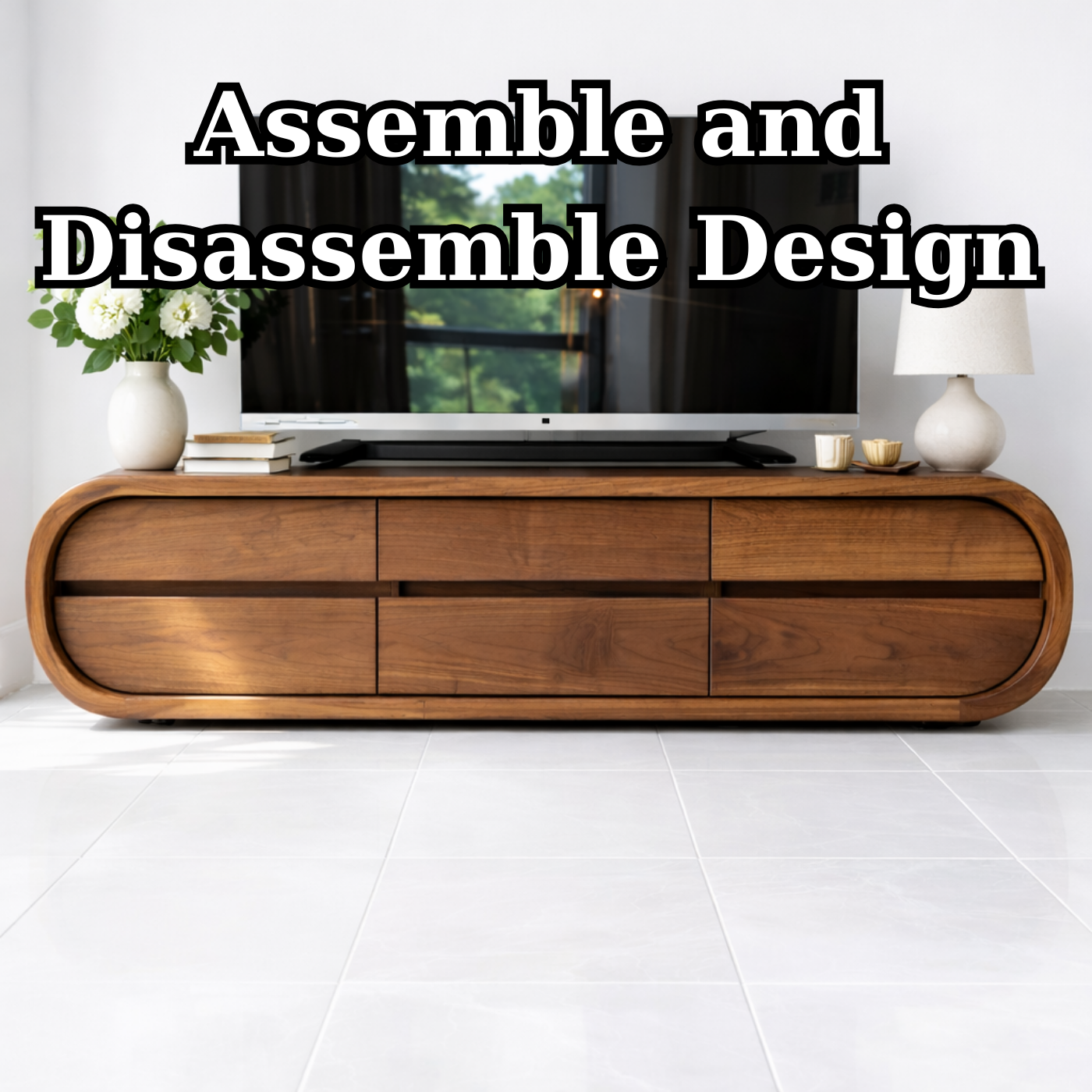 Solid Wood TV Stand with Drawers, Curved Modern Media Console Cabinet for Living Room
