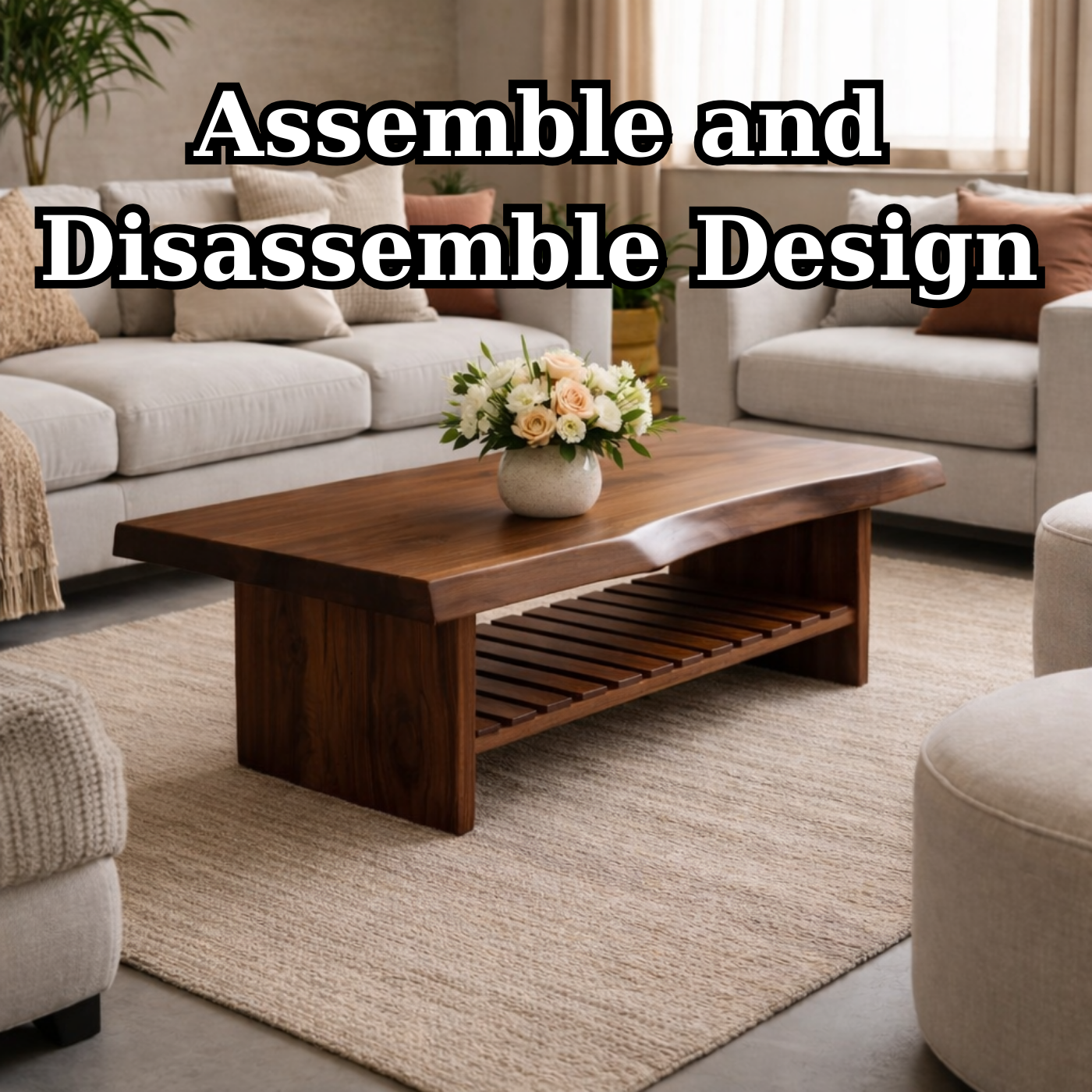 Live Edge Walnut Coffee Table with Slatted Shelf, Natural Modern Design for Living Room