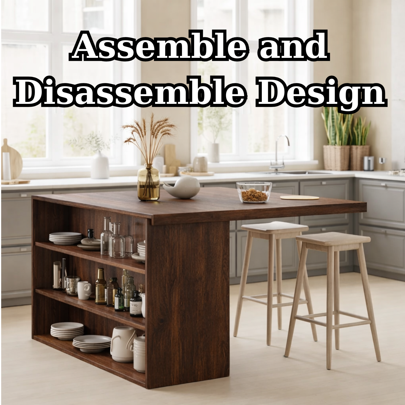 Modern Solid Wood Kitchen Island with Open Storage Shelves, Walnut Kitchen Bar Table