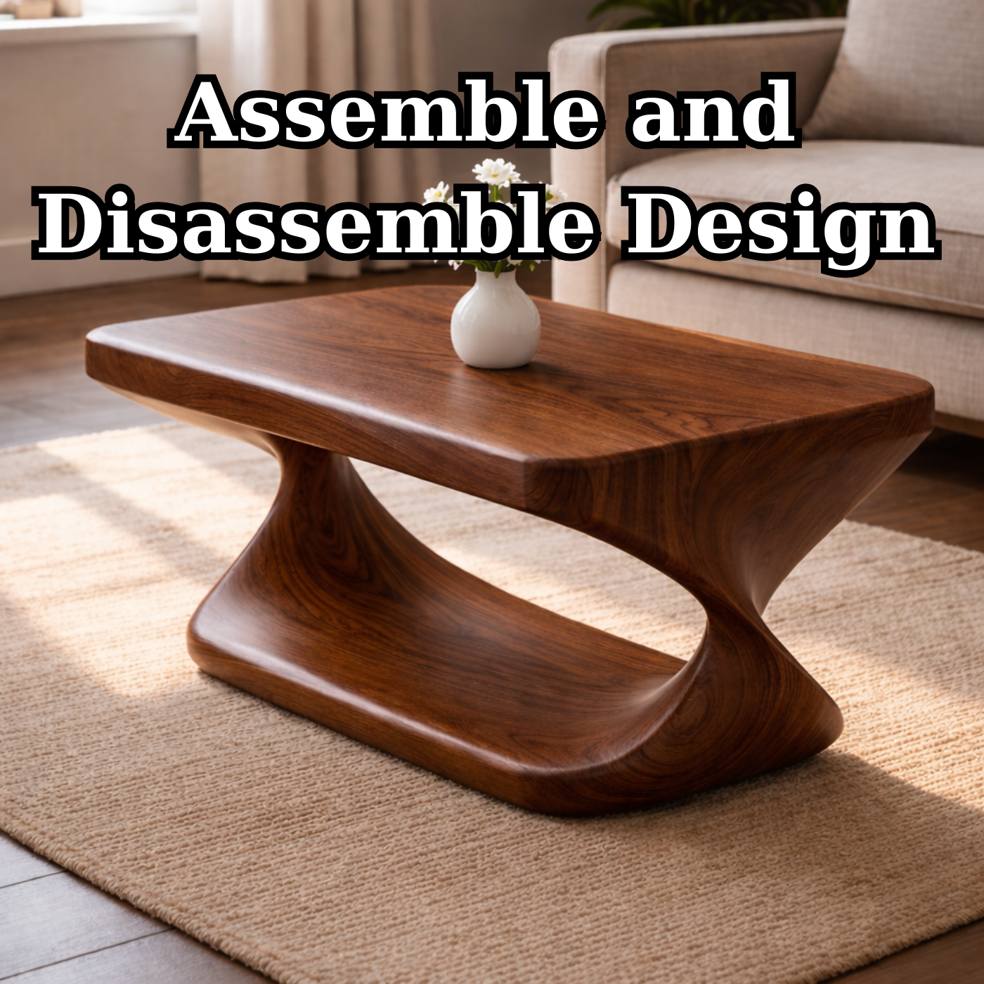 Modern Solid Wood Coffee Table with Sculptural Curved Base and Rectangular Wood Top