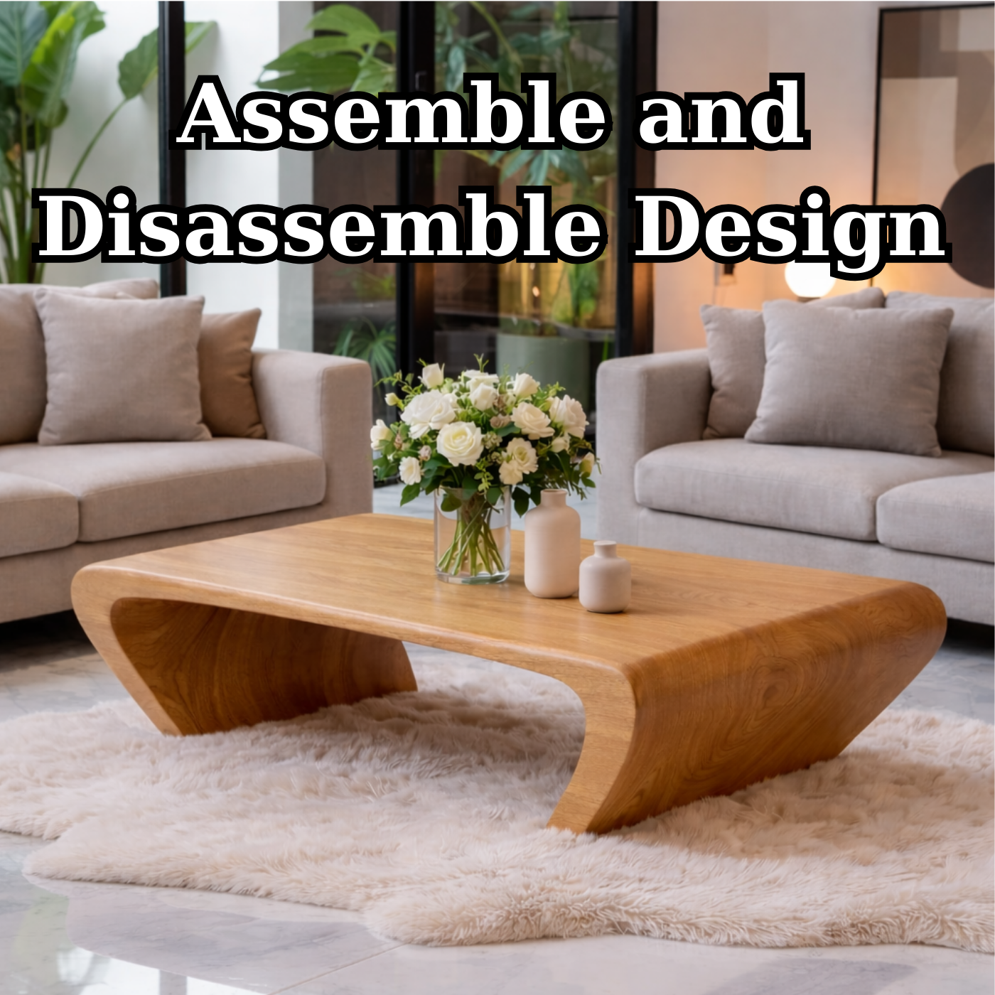 Modern Solid Wood Coffee Table with Sculptural Curved Base Minimalist Living Room Table