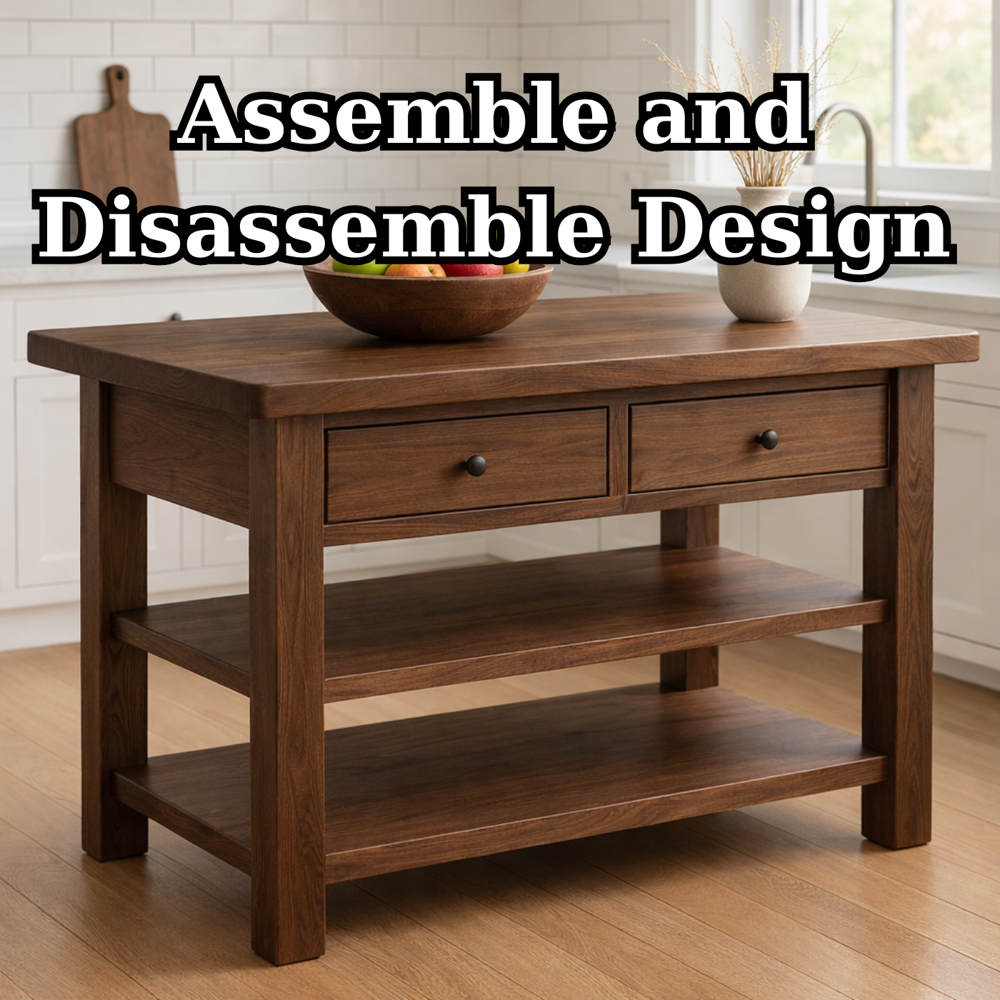 Solid Walnut Kitchen Island Table with Drawers and Shelves, Wooden Kitchen Prep Station