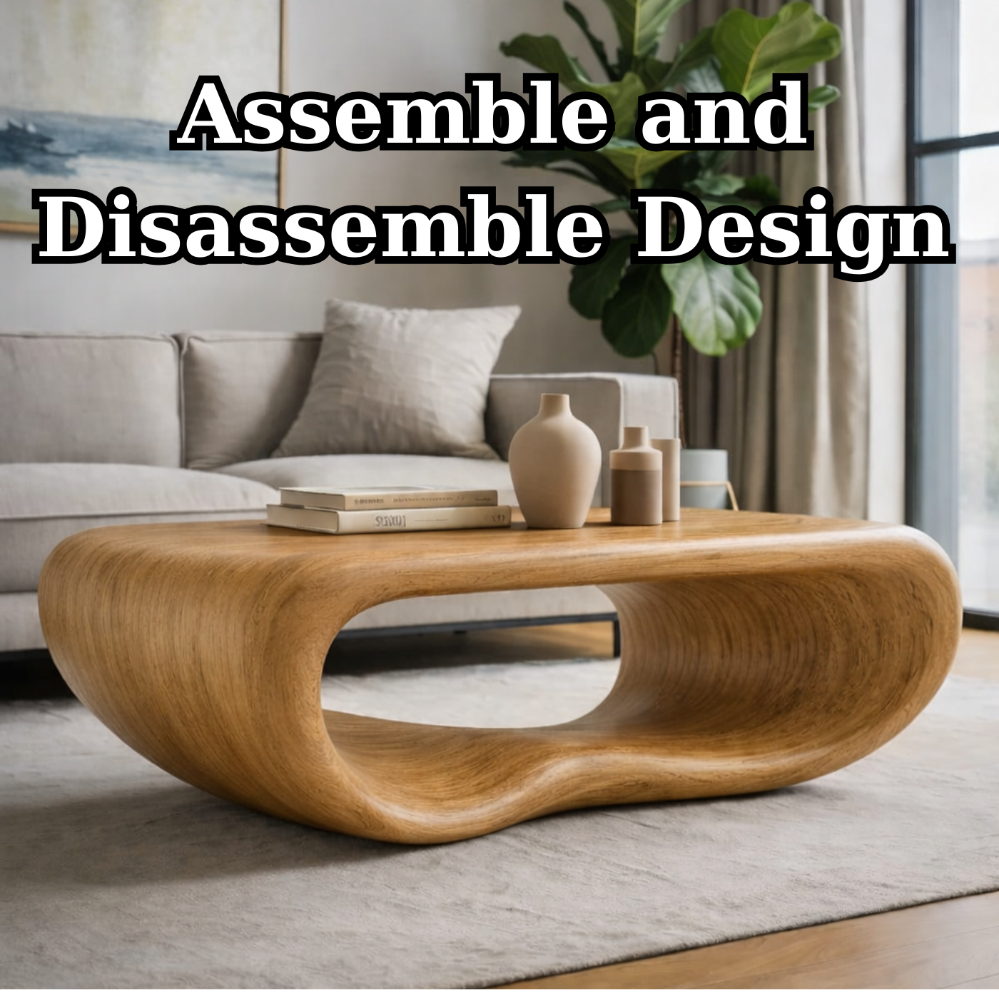 Modern Solid Wood Coffee Table with Sculptural Curved Design Minimalist Living Room Table