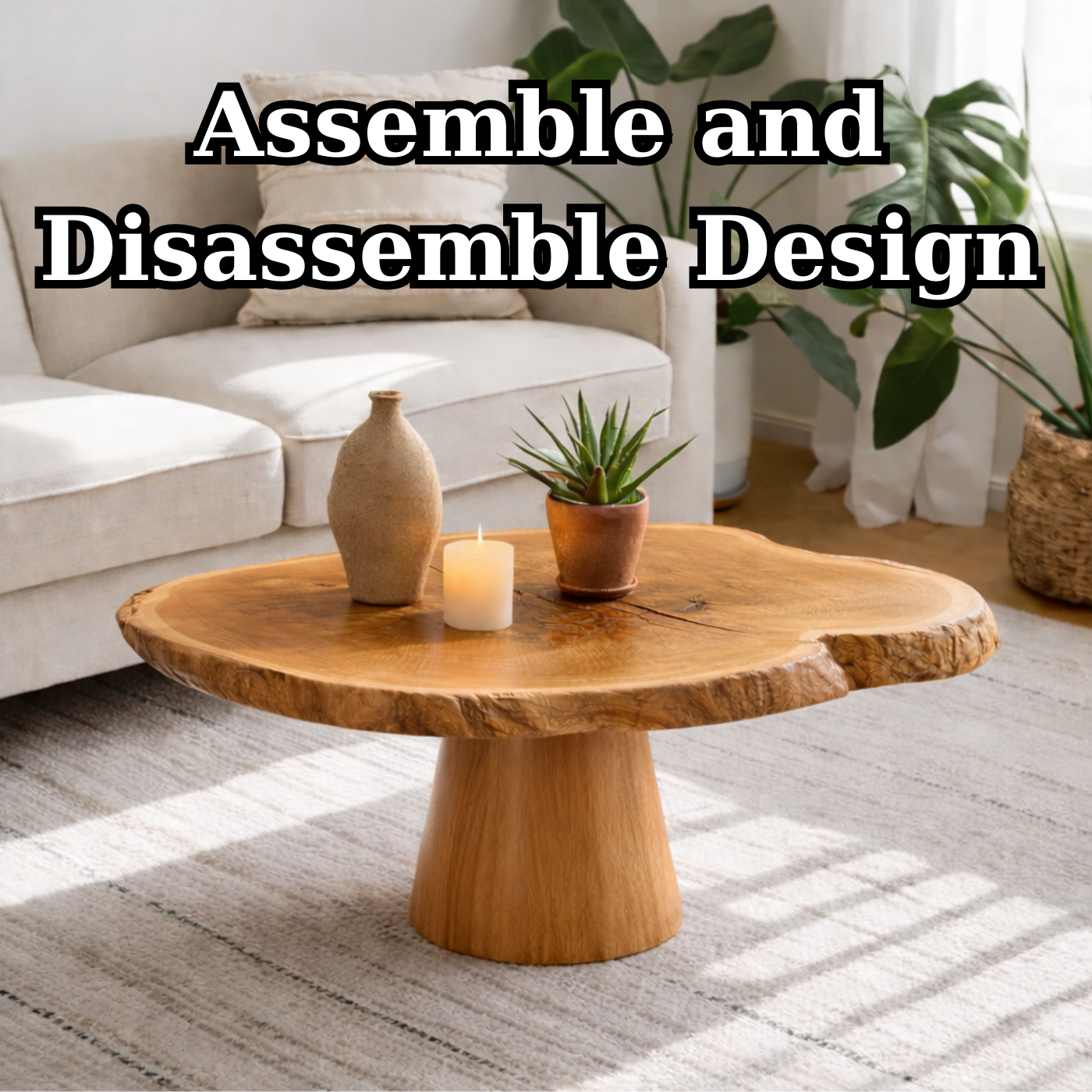 Live Edge Solid Wood Coffee Table for Living Room with Pedestal Base