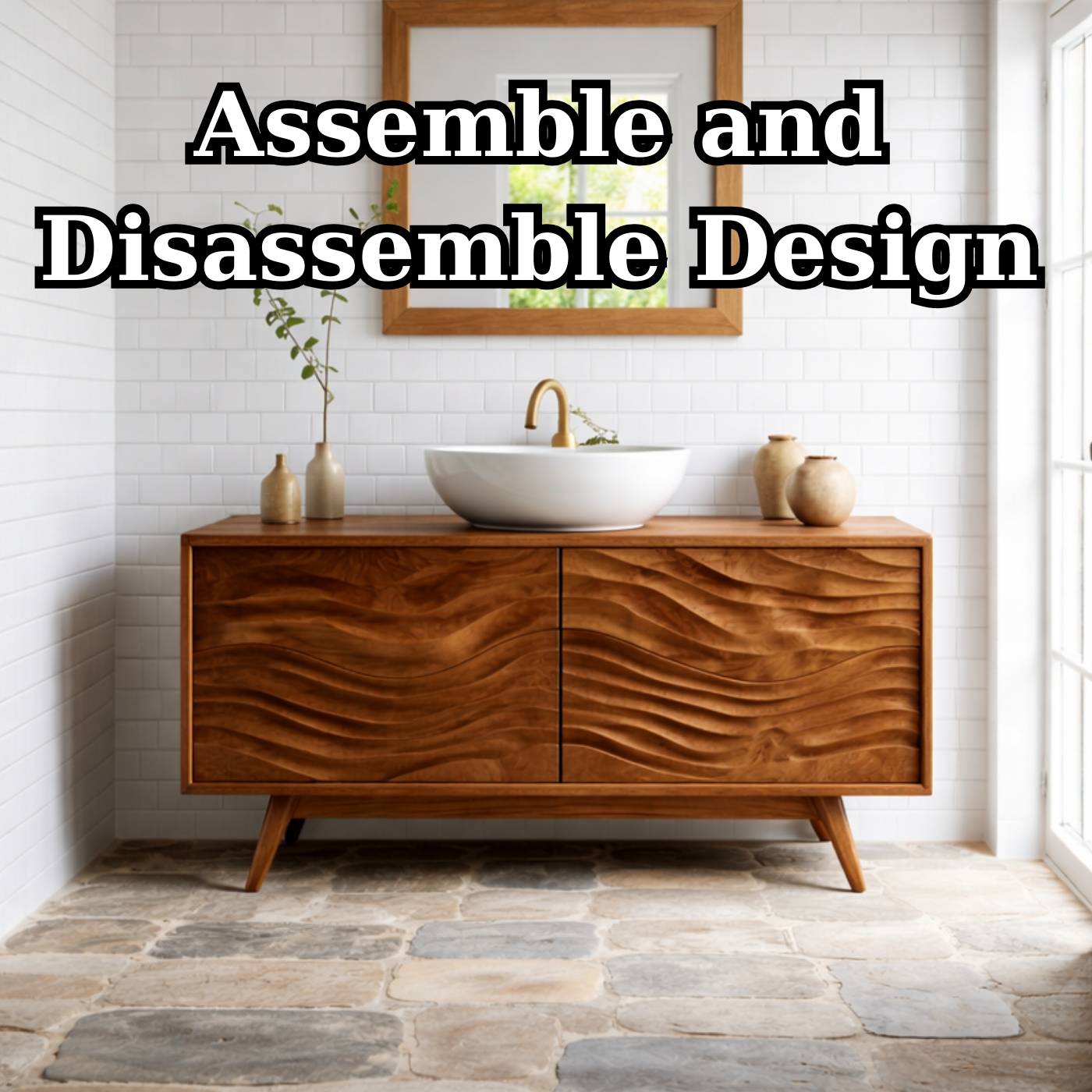 Solid Wood Bathroom Vanity with Wavy Surface Design and Storage Cabinet