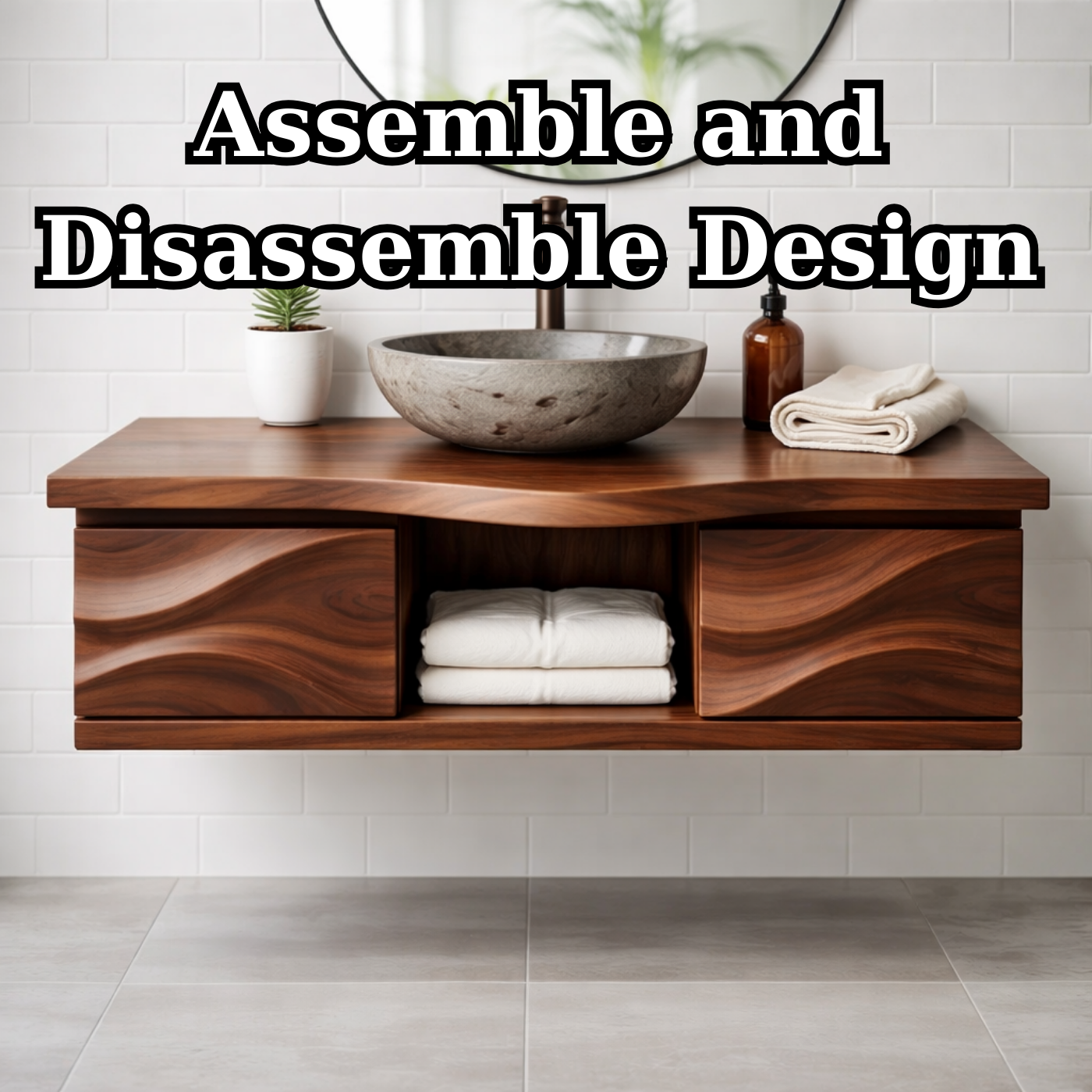 Floating Solid Wood Bathroom Vanity with Sculpted Wavy Front and Open Shelf