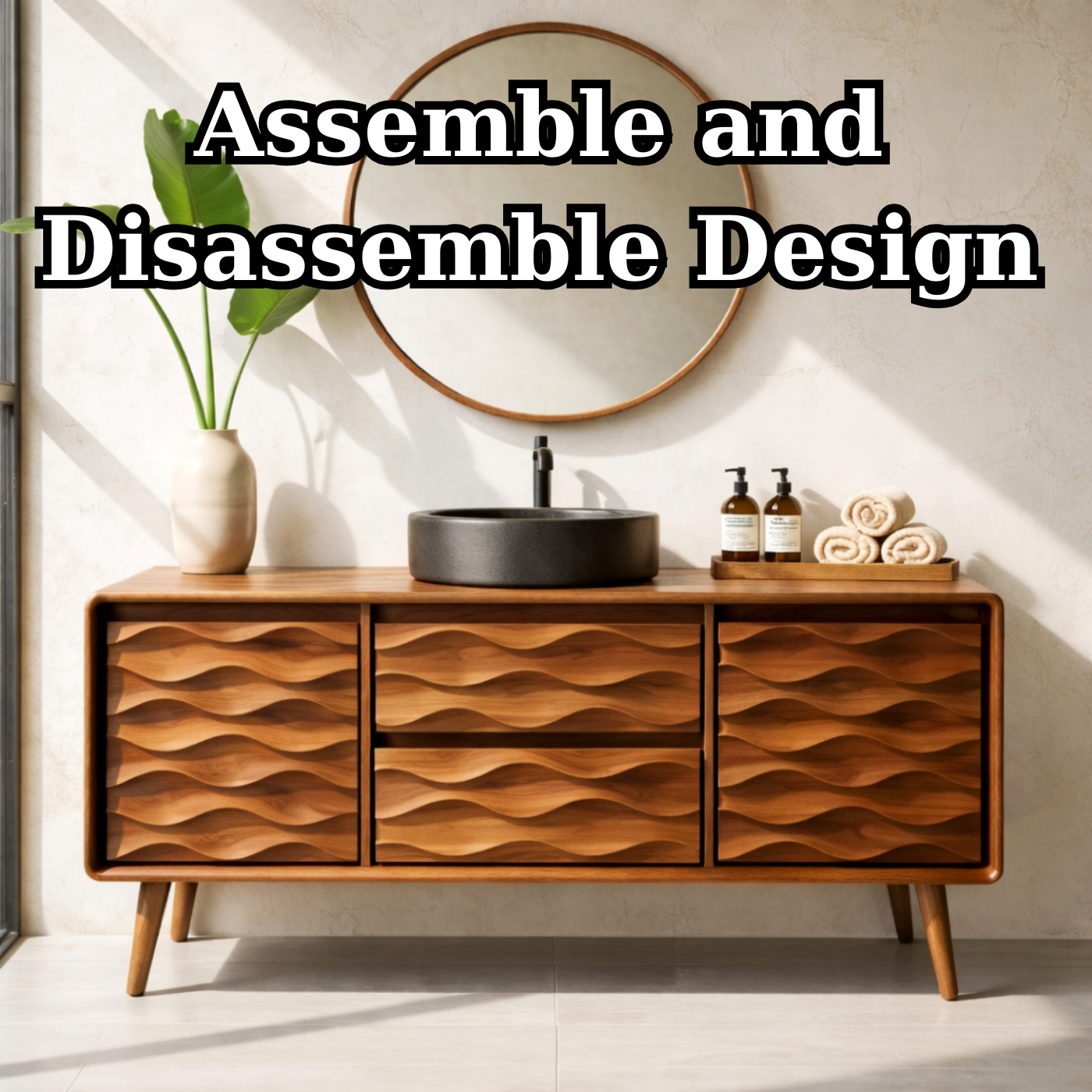 Solid Wood Bathroom Vanity with Layered Wavy Front Panels and Storage Drawers