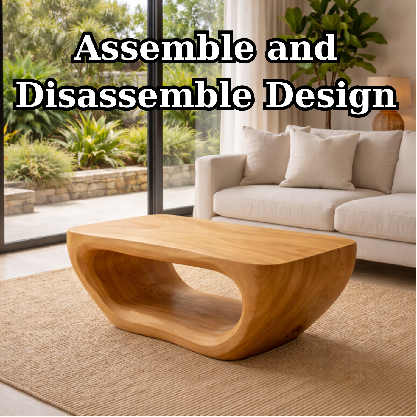 Solid Wood Coffee Table with Sculptural Hollow Base and Smooth Curved Design
