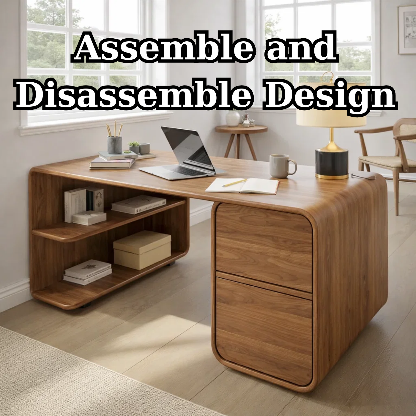 Modern L-Shaped Solid Wood Desk with Curved Silhouette and Integrated Storage