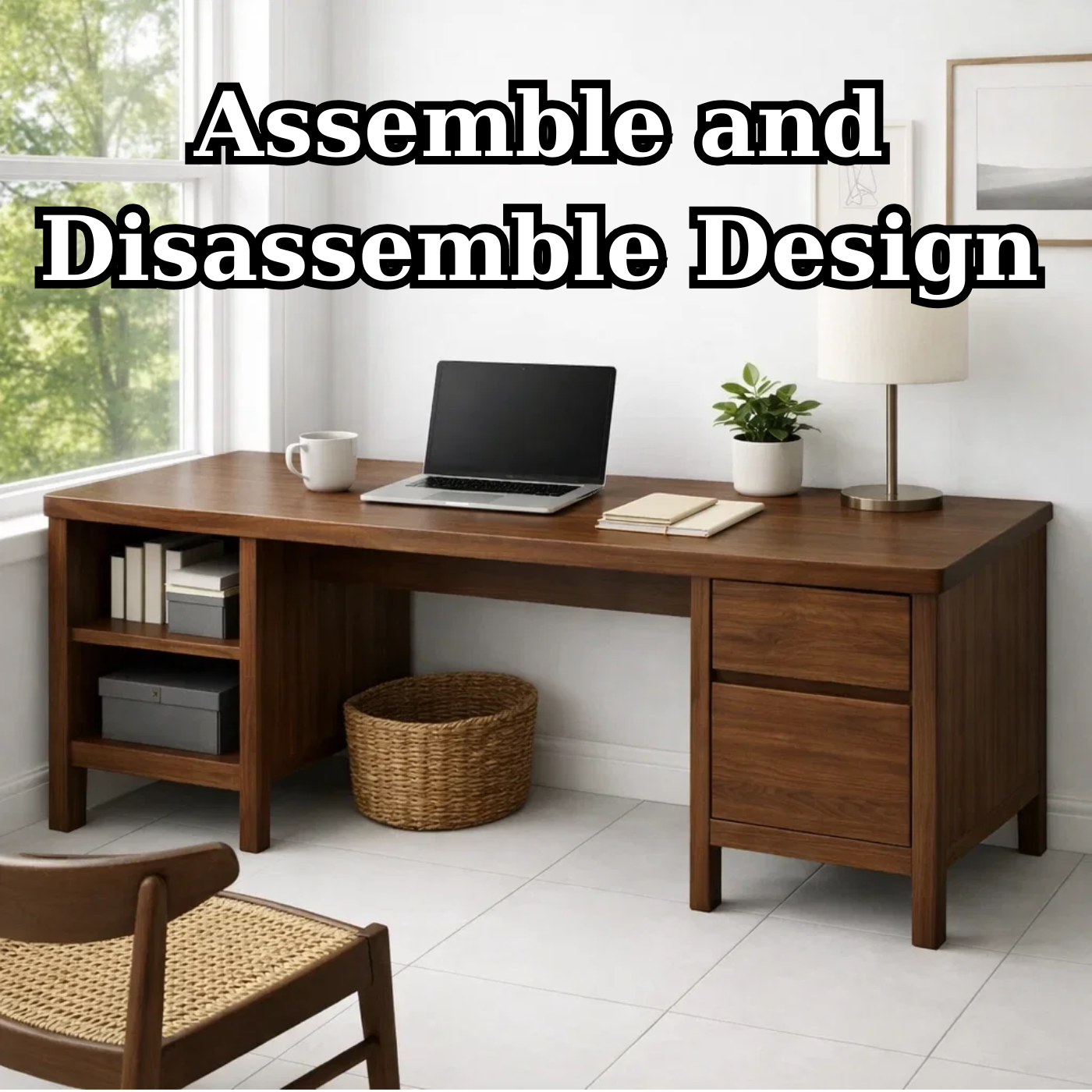 Solid Wood Executive Desk with Integrated Storage Drawers and Open Shelving