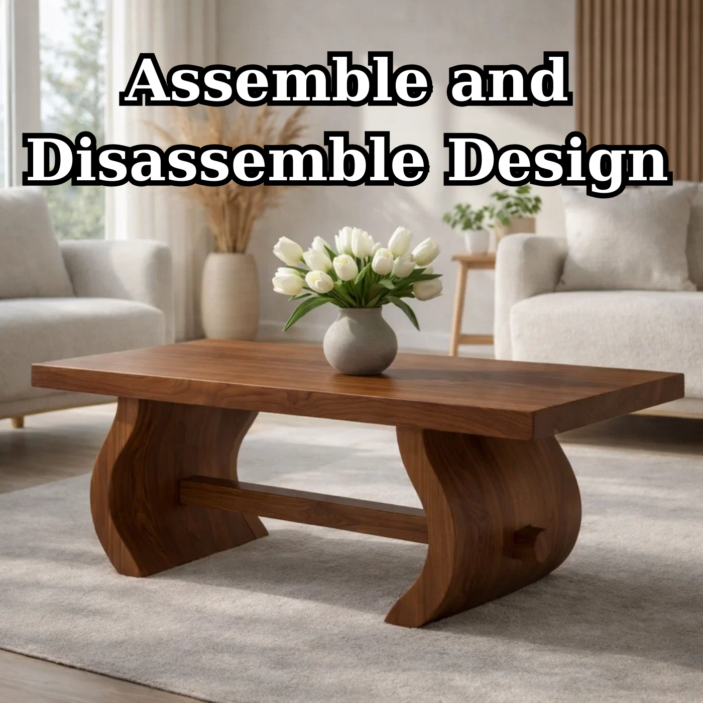 Solid Wood Coffee Table for Modern Home with Sculpted Curved Legs
