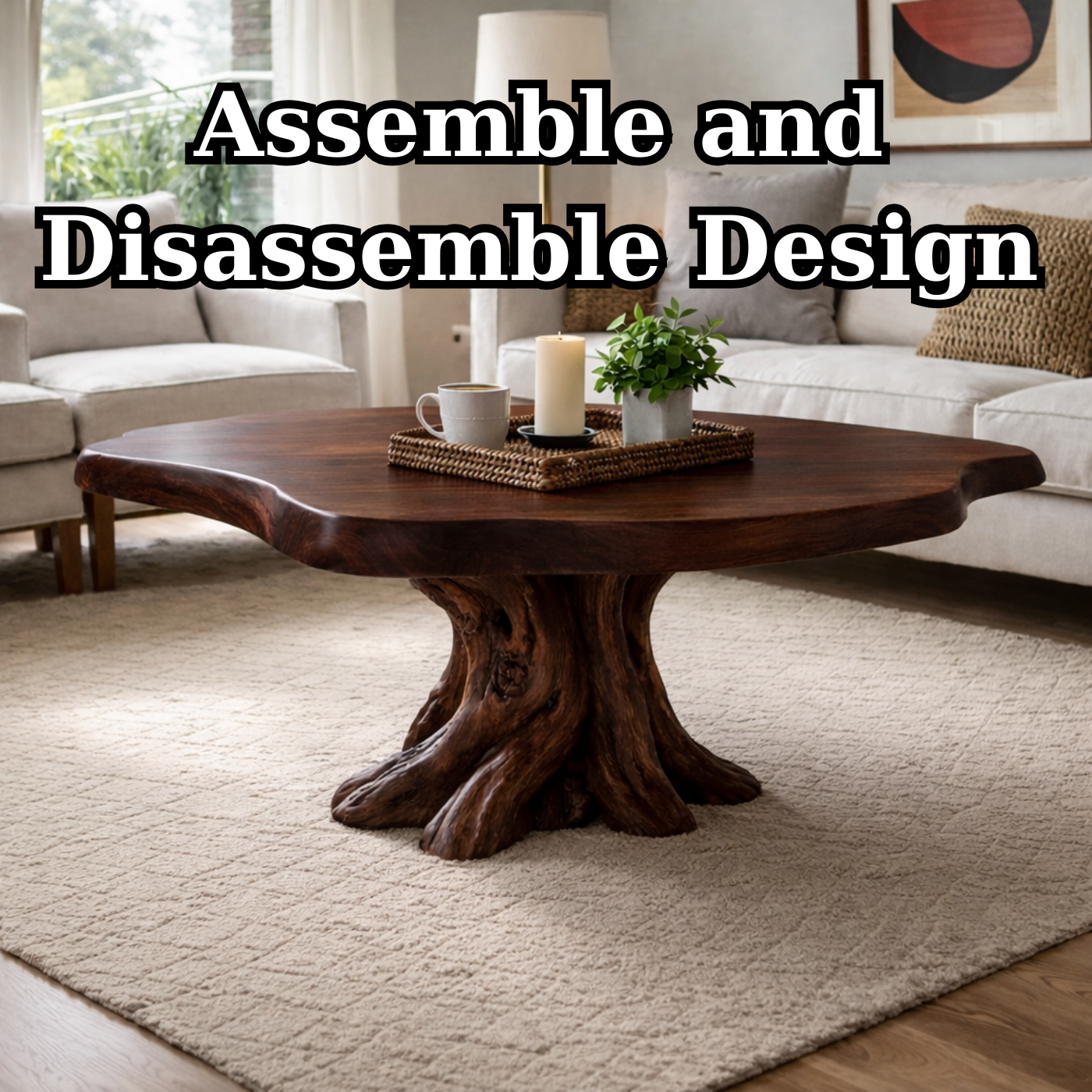 Solid Wood Round Coffee Table for Rustic Living Room with Tree Root Base