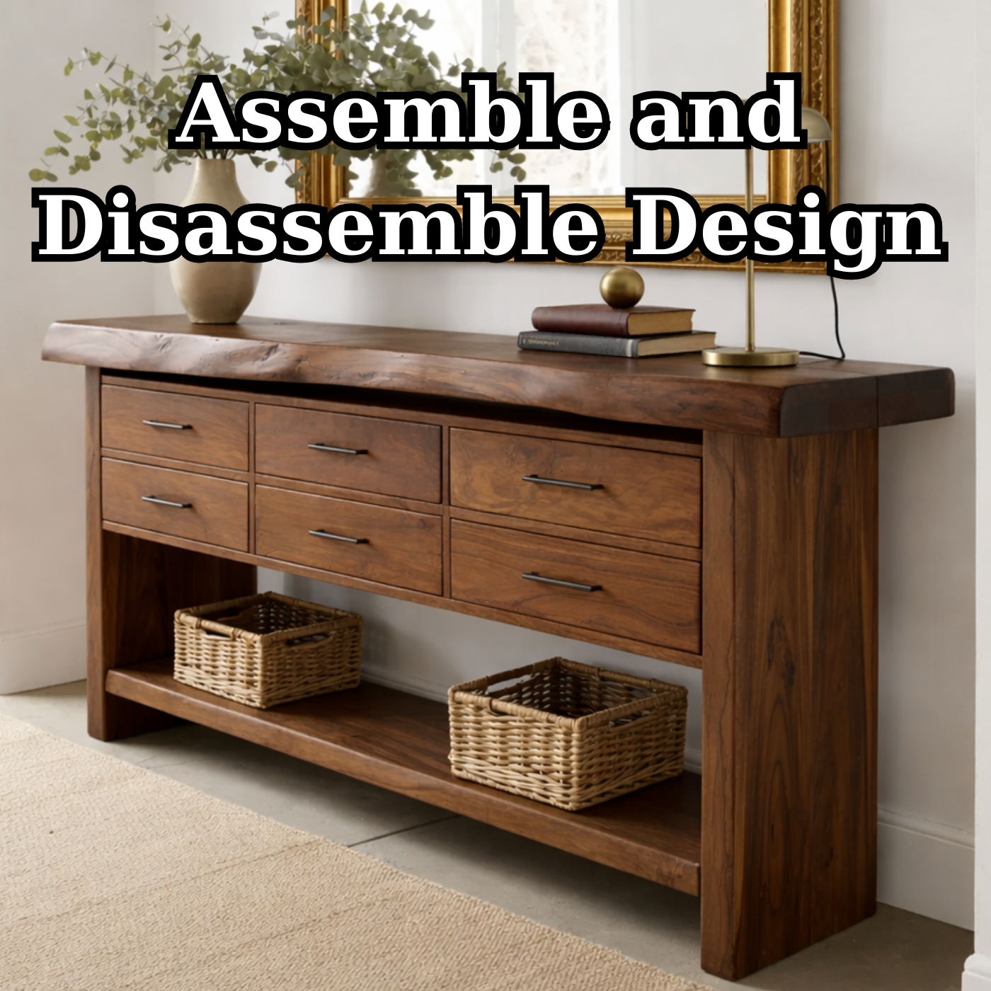Solid Wood Console Table with Live Edge Top and 6 Drawers