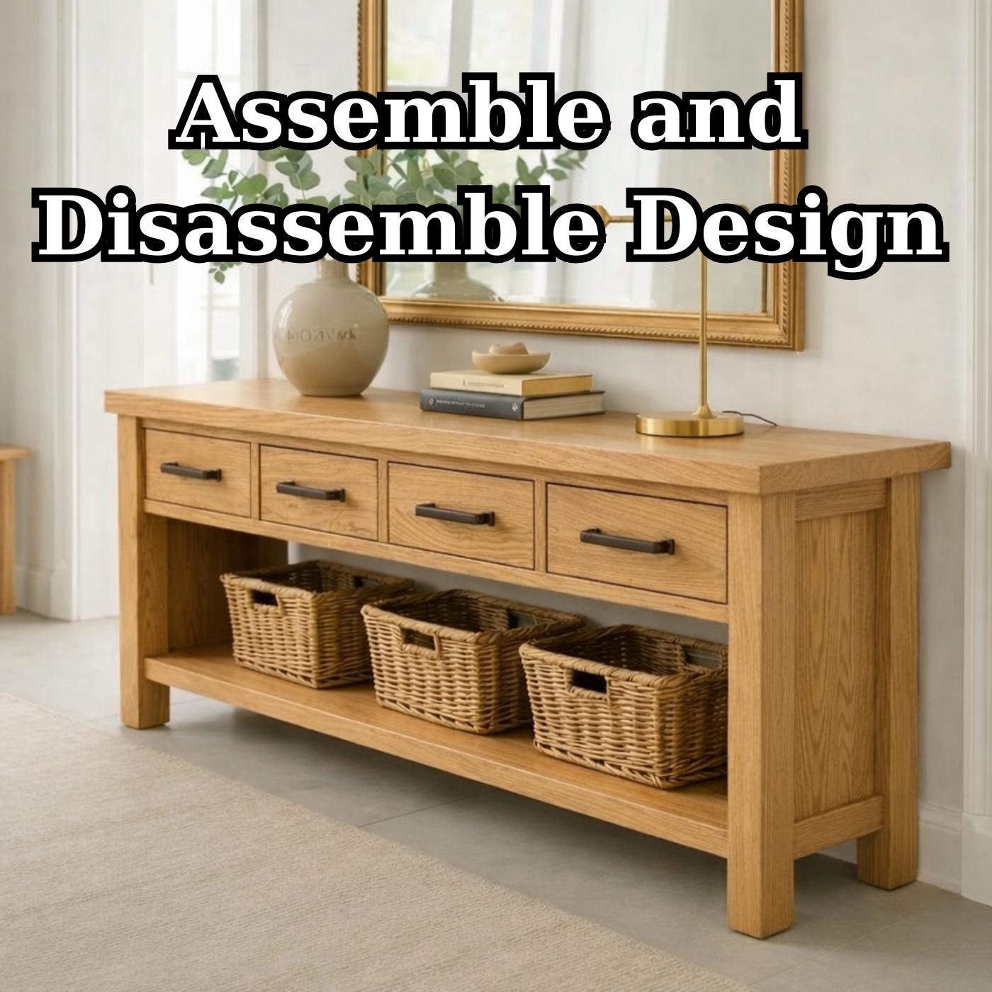 Solid Wood Console Table for Entryway with 4 Drawers and Open Shelf