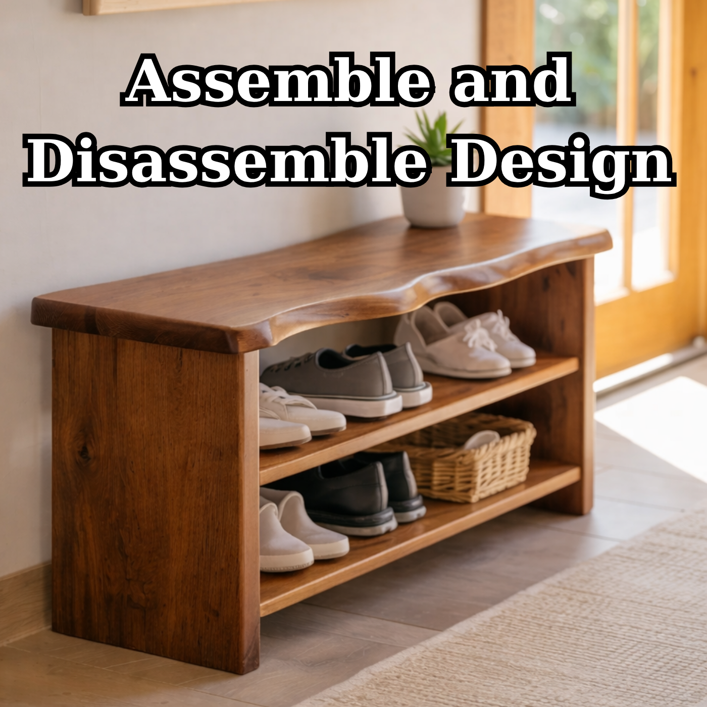 Solid Wood Live Edge Shoe Storage Bench with Open Shelves – Entryway Shoe Organizer Bench