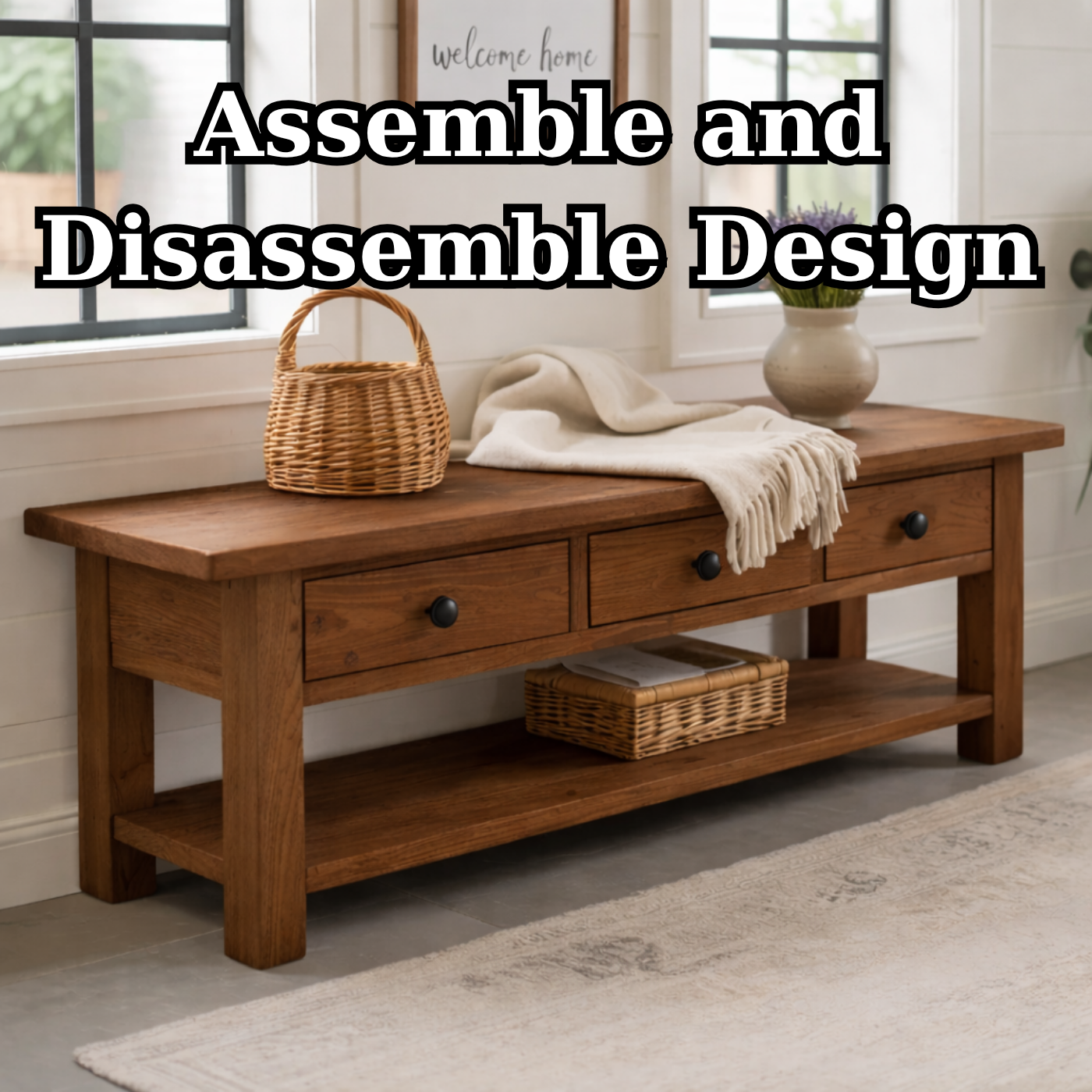 Solid Wood Entryway Bench with 3 Drawers & Lower Shelf – Farmhouse Shoe Storage Bench