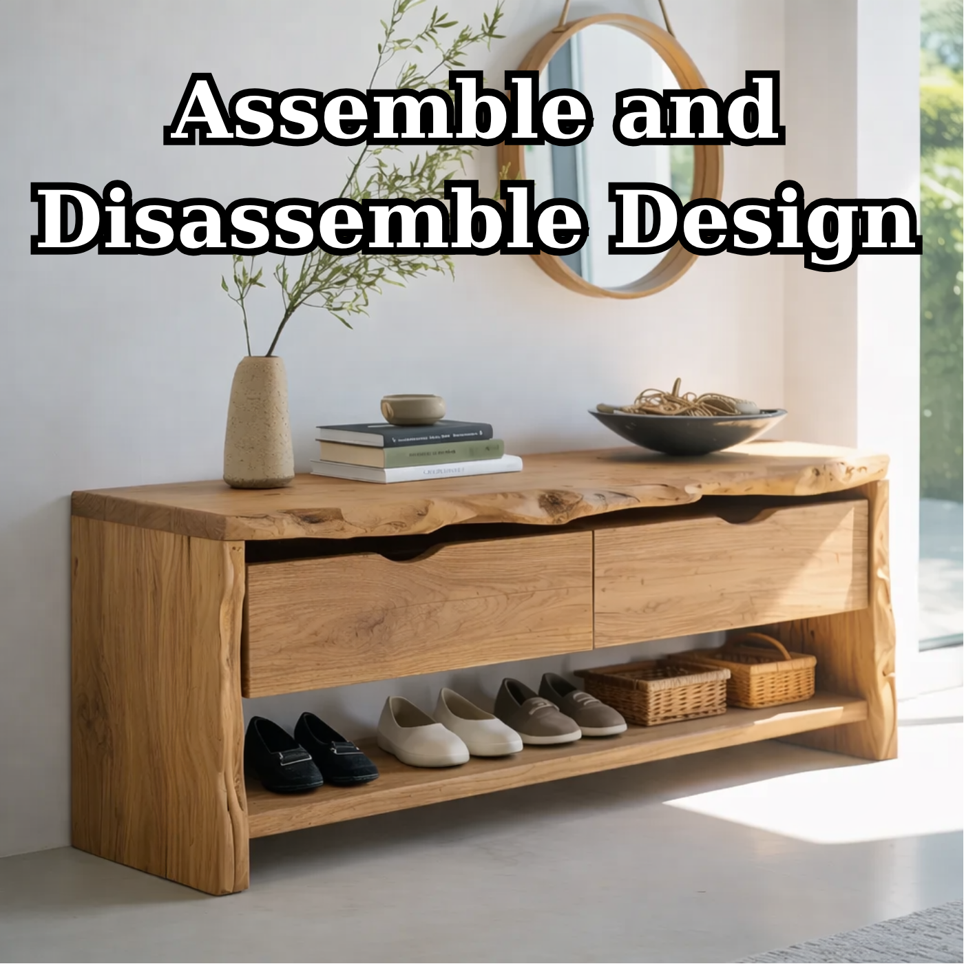Solid Wood Live Edge Entryway Bench with Drawers & Shoe Shelf – Natural Wood Shoe Storage Bench