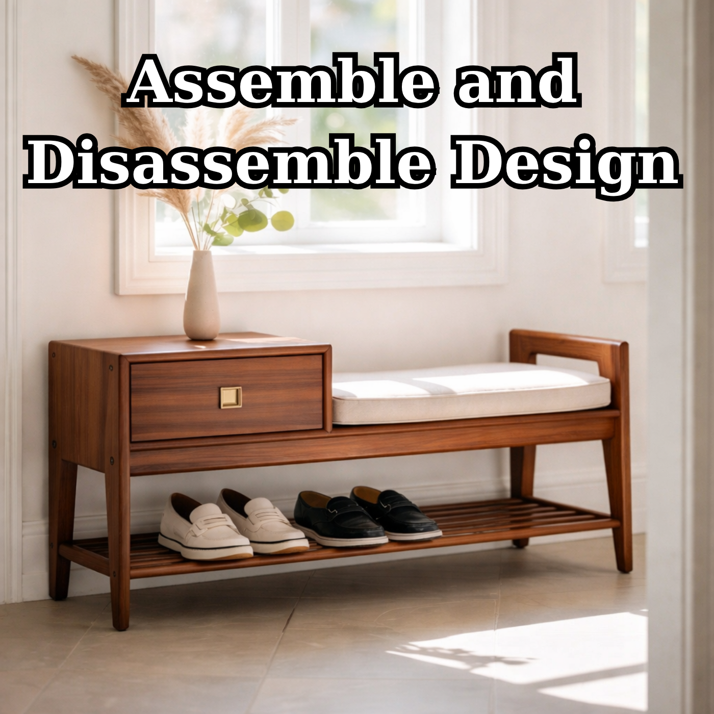 Solid Wood Entryway Bench with Drawer, Cushion Seat & Shoe Shelf – Mid-Century Shoe Storage Bench