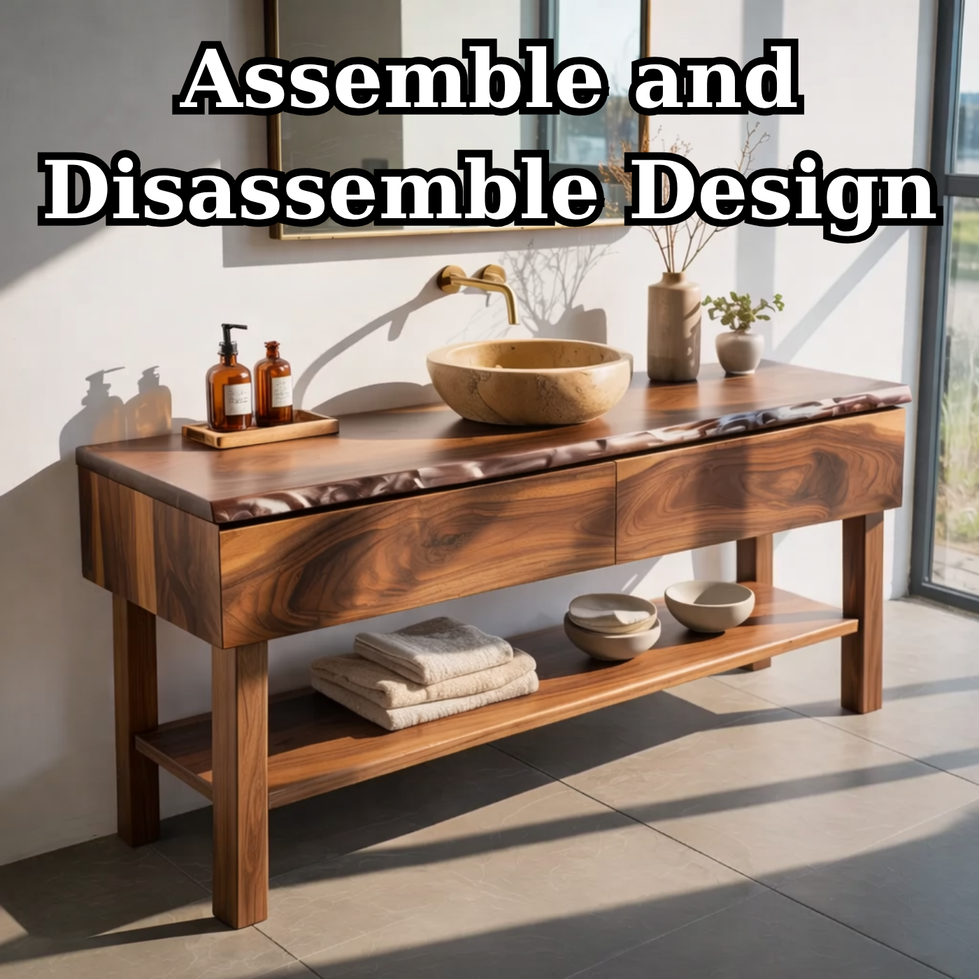 Solid Wood Bathroom Vanity with Live Edge Top and Open Shelf – Rustic Modern Vanity Cabinet