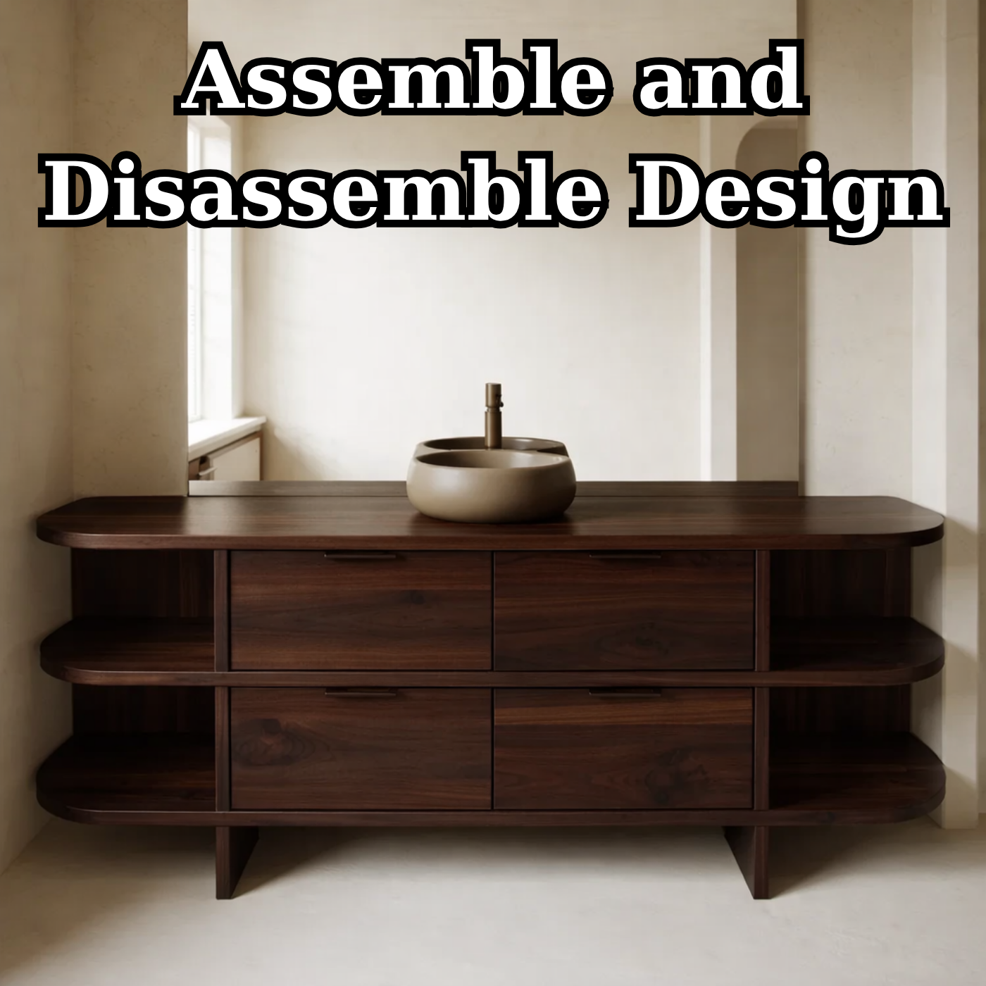 Solid Wood Bathroom Vanity with Drawers and Open Side Shelves – Modern Rustic Vanity Cabinet