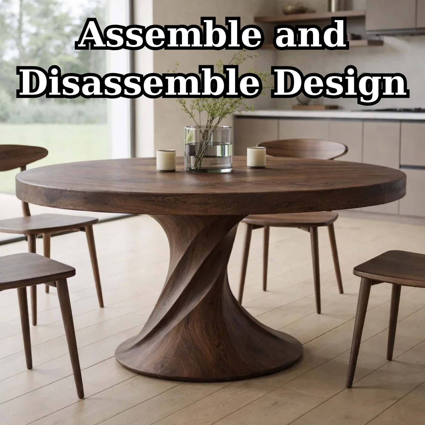 Solid Wood Round Dining Table with Sculptural Pedestal Base – Modern Rustic Dining Table
