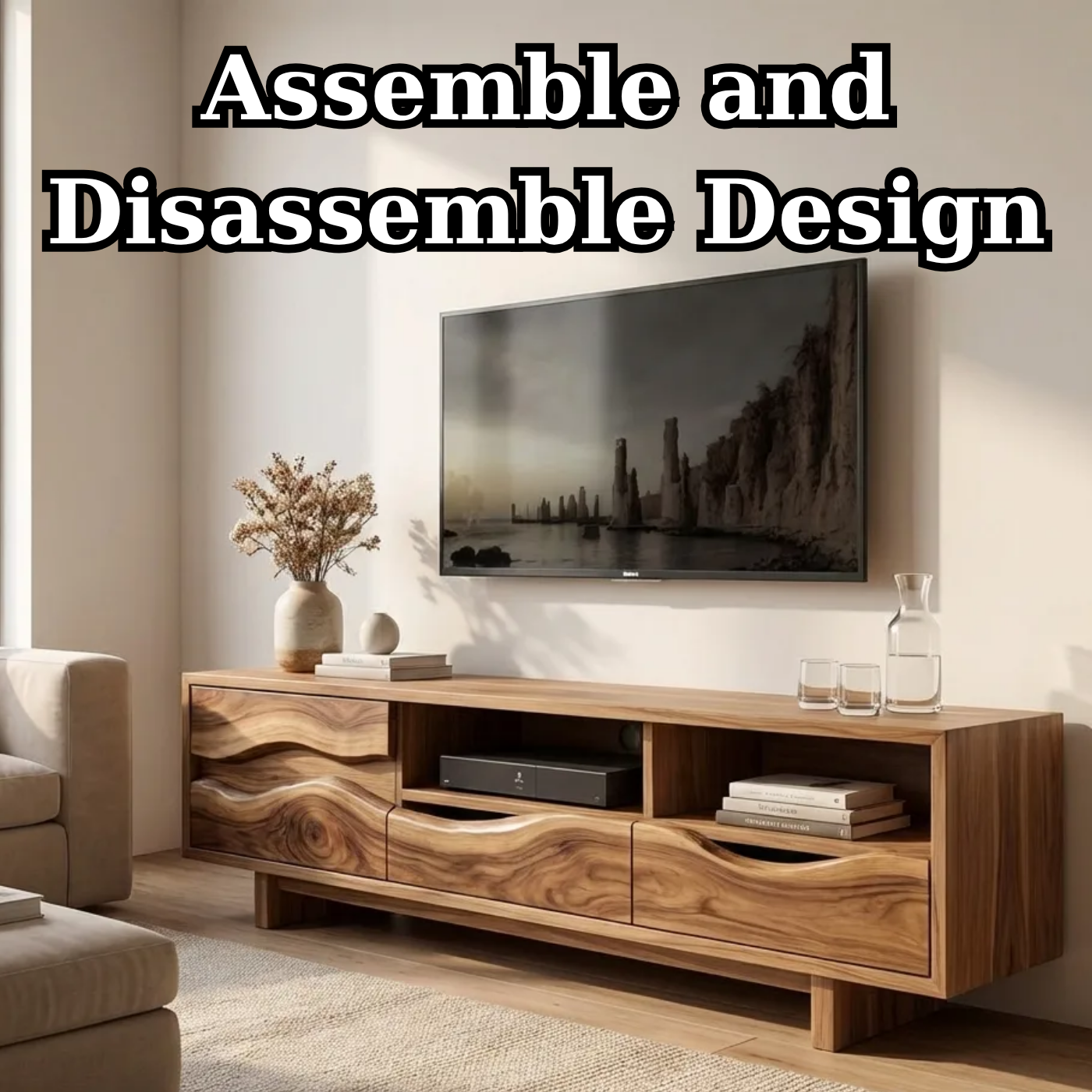 Solid Wood TV Stand with Wave Carved Drawers – Modern Rustic Media Console
