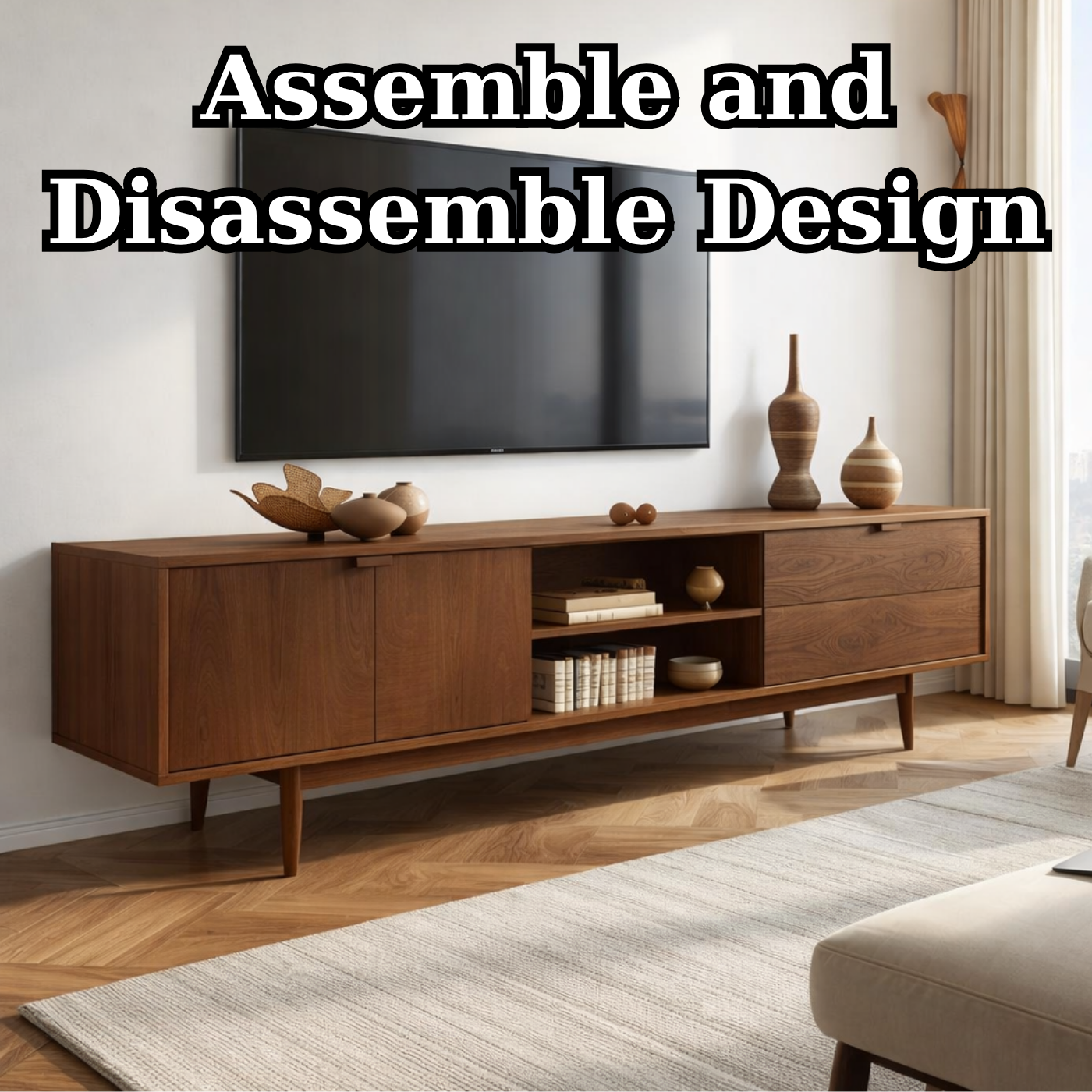 Mid-Century Solid Wood TV Stand with Cabinets and Open Shelf – Modern Media Console