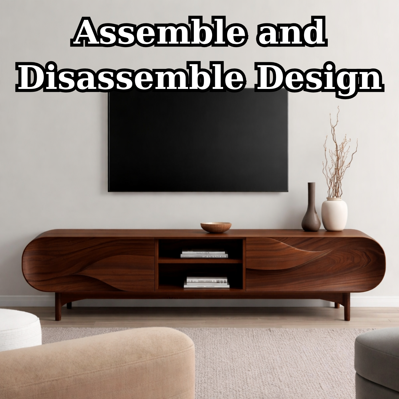 Solid Wood TV Stand with Sculpted Wave Front – Modern Walnut Media Console