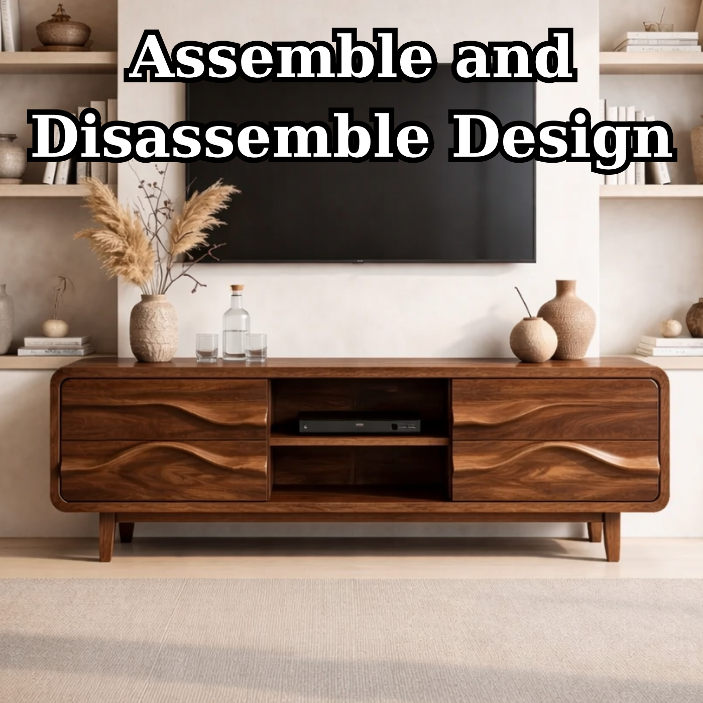 Solid Wood TV Stand with Carved Wave Front – Modern Rustic Media Console